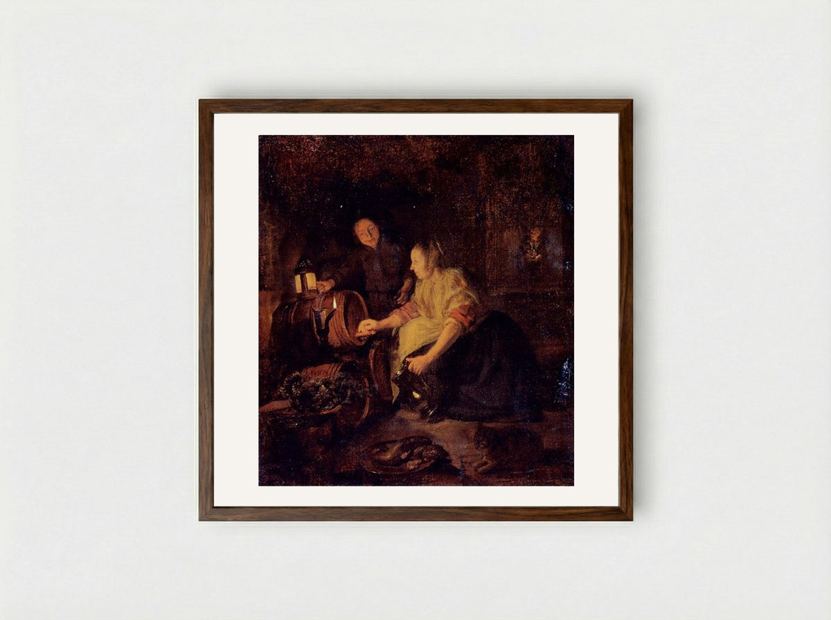 A Woman Drawing Wine from a Barrel - Gabriel Metsu - Framed Print Dark Wood