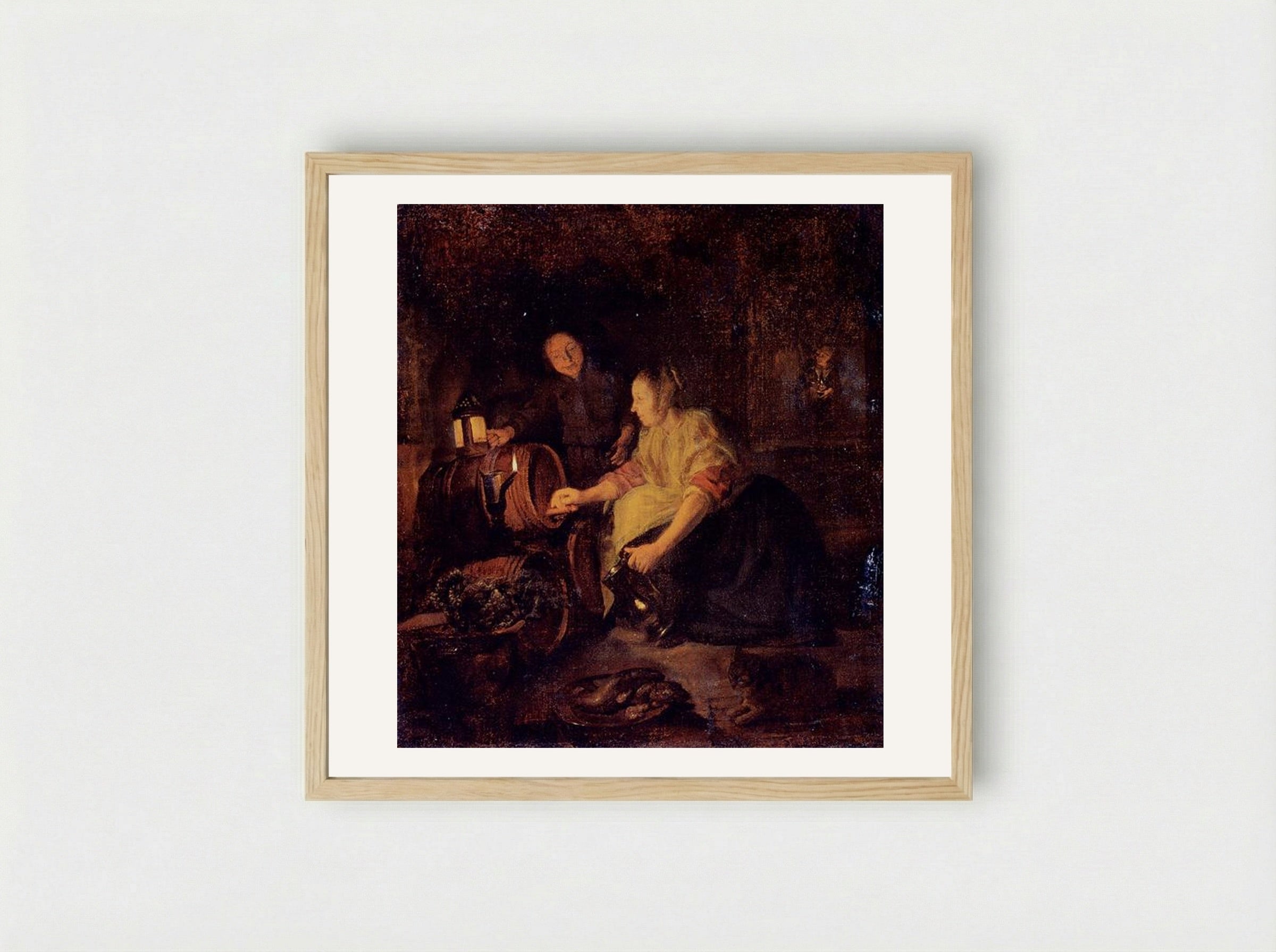 A Woman Drawing Wine from a Barrel - Gabriel Metsu - Framed Print Wood