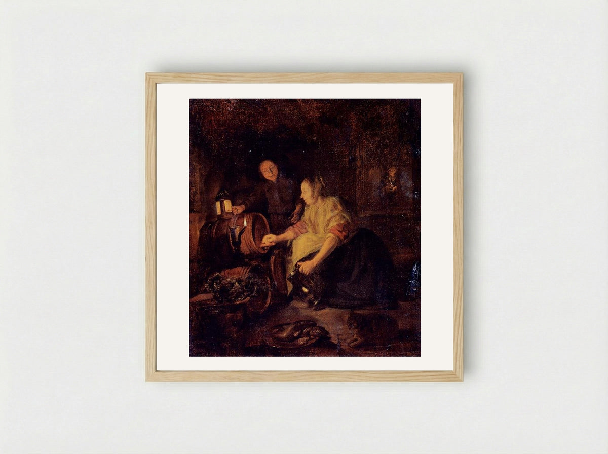 A Woman Drawing Wine from a Barrel - Gabriel Metsu - Framed Print Wood