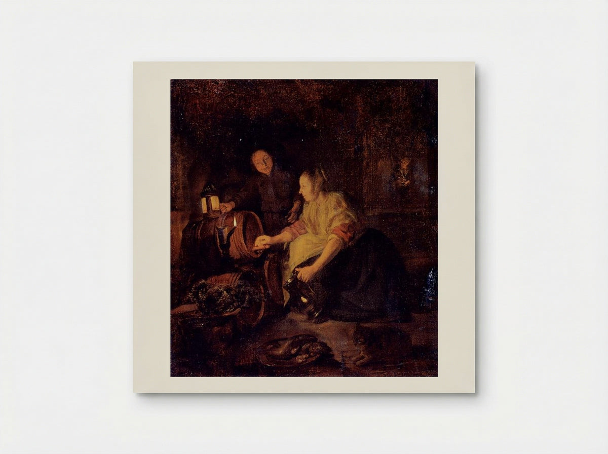 A Woman Drawing Wine from a Barrel - Gabriel Metsu - Poster