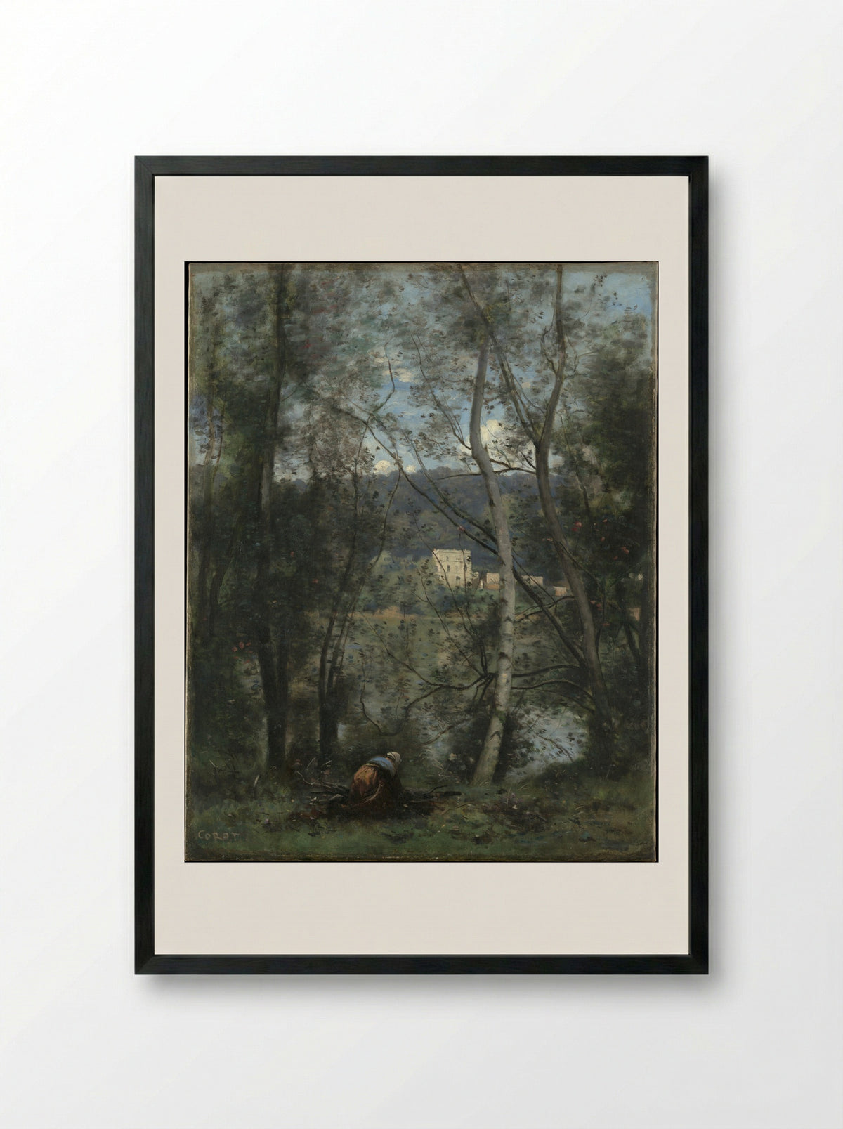 A Woman Gathering Faggots at Ville-d'Avray - Camille Corot - Framed Print Black