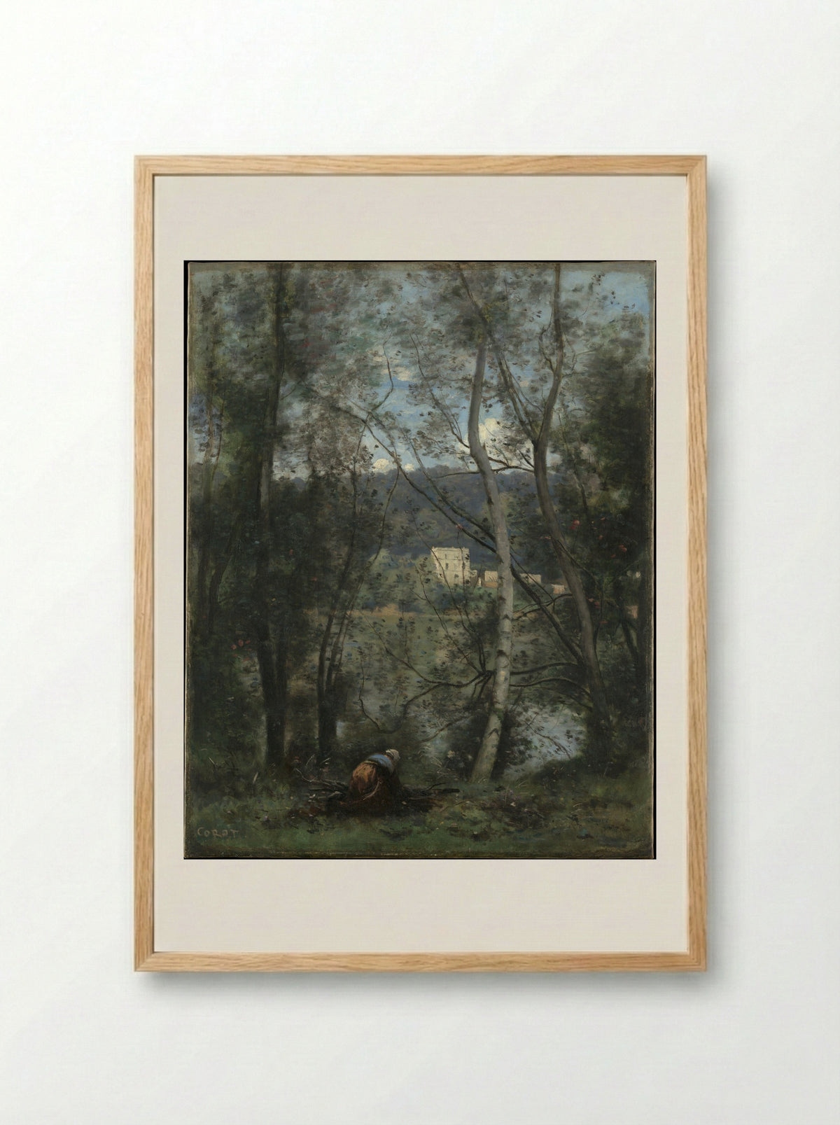 A Woman Gathering Faggots at Ville-d'Avray - Camille Corot - Framed Print Wood