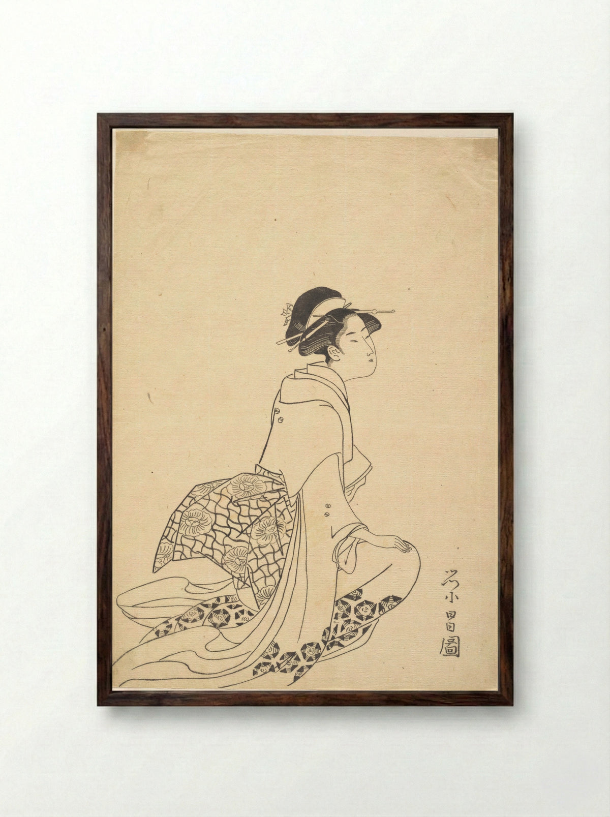 A Woman Kneeling - Chōkōsai Eishō - Framed Print Dark Wood