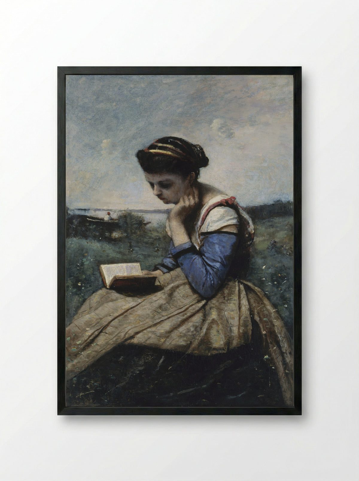 A Woman Reading - Jean-Baptiste-Camille Corot - Framed Print Black