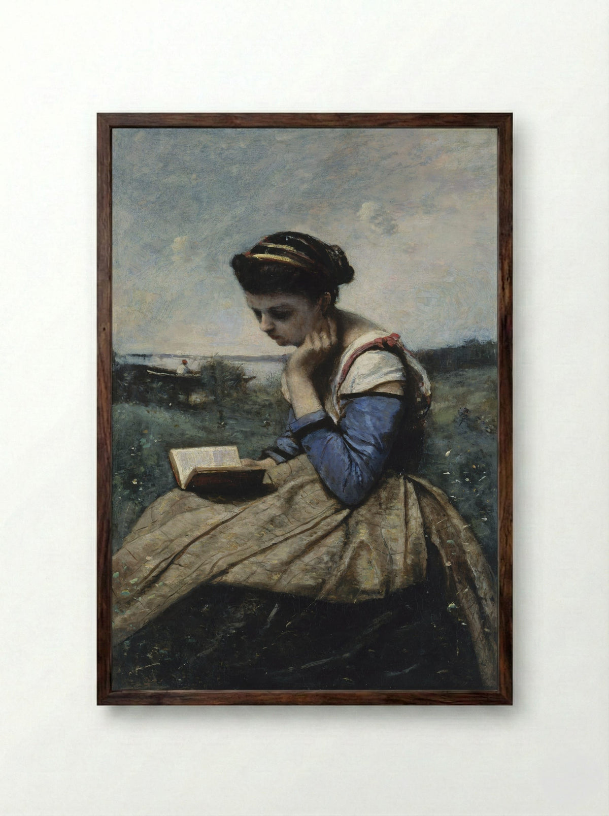 A Woman Reading - Jean-Baptiste-Camille Corot - Framed Print Dark Wood