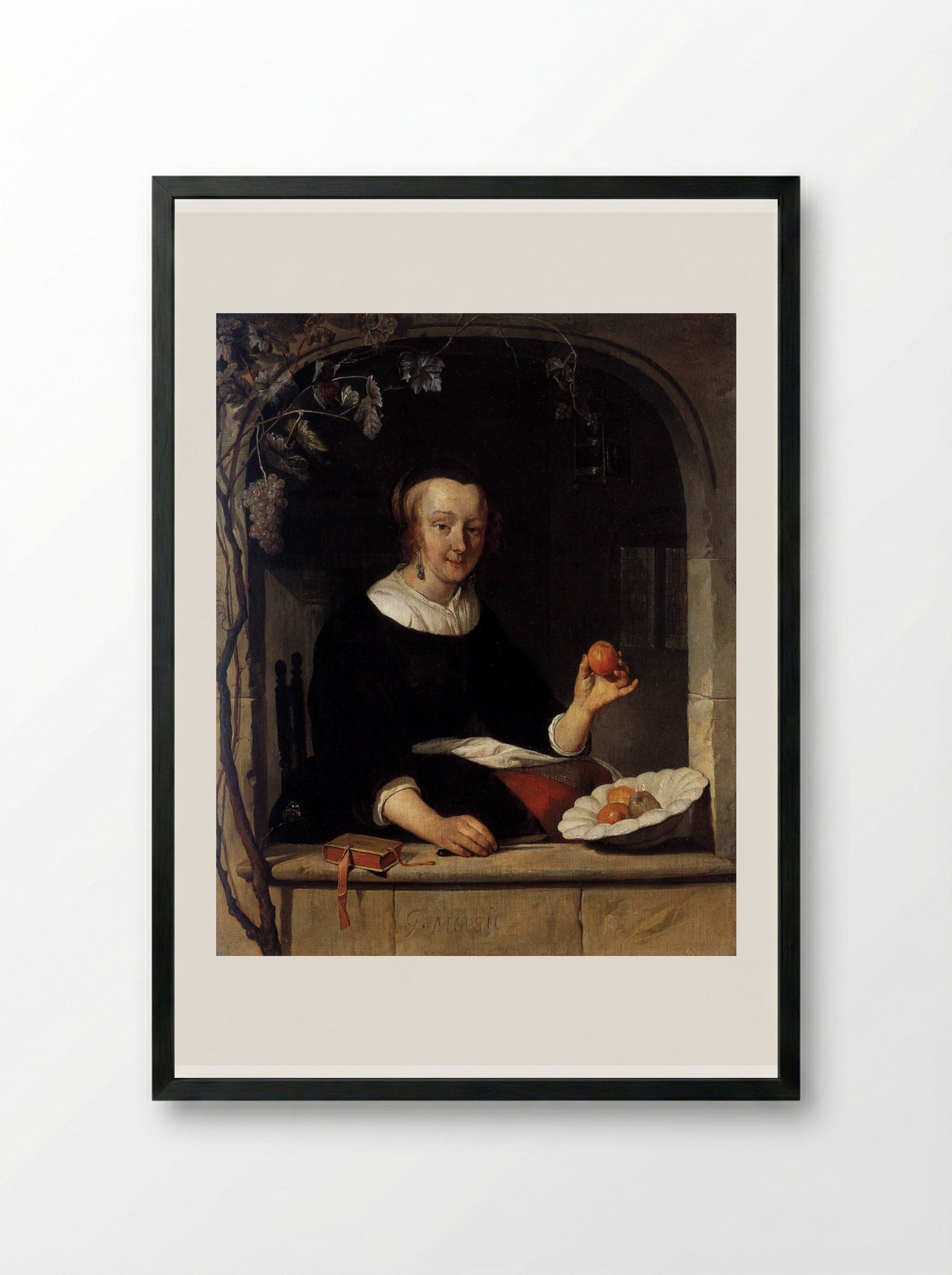 A Woman Seated at a Window - Gabriël Metsu - Framed Print Black