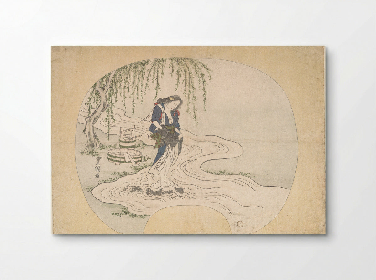 A Woman Stands on a Rock in a Stream Washing Clothes - Utagawa Toyoshige - Poster