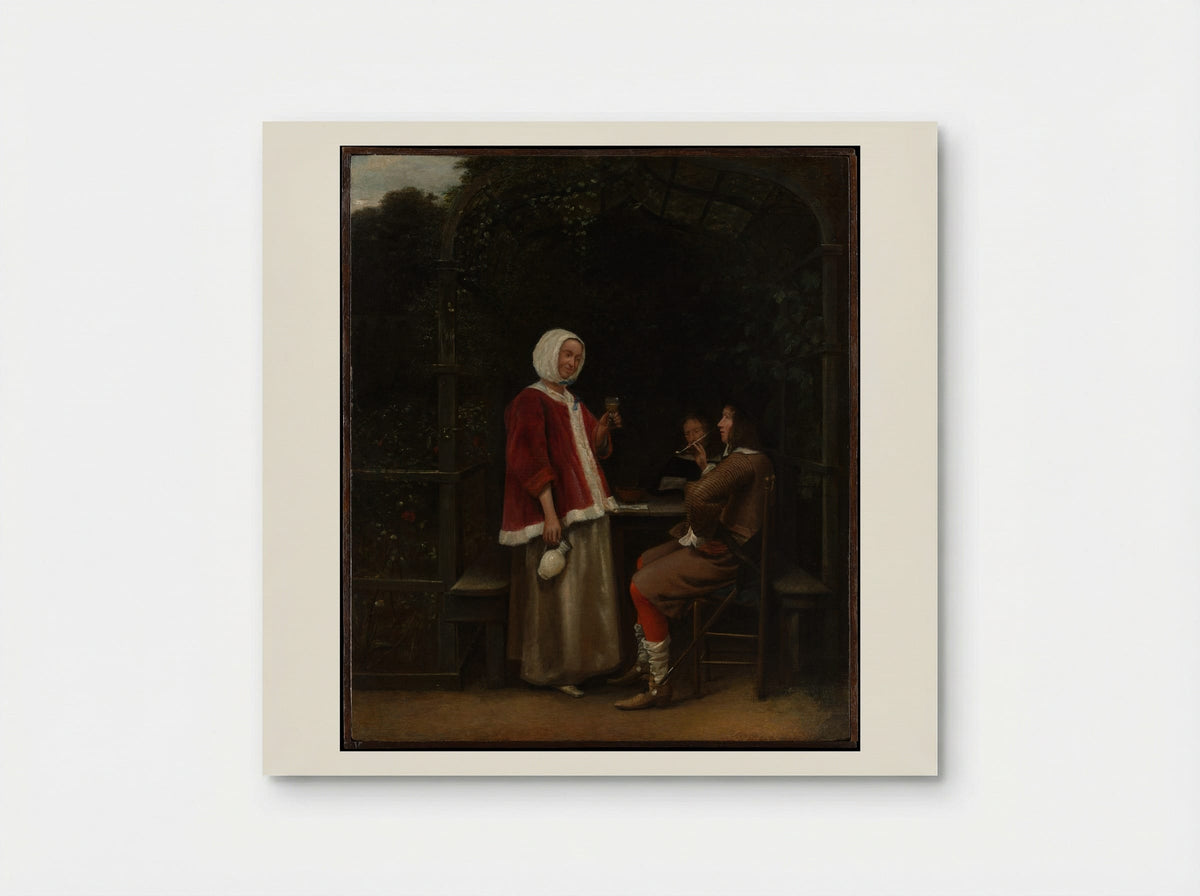 A Woman and Two Men in an Arbor - Pieter de Hooch - Poster