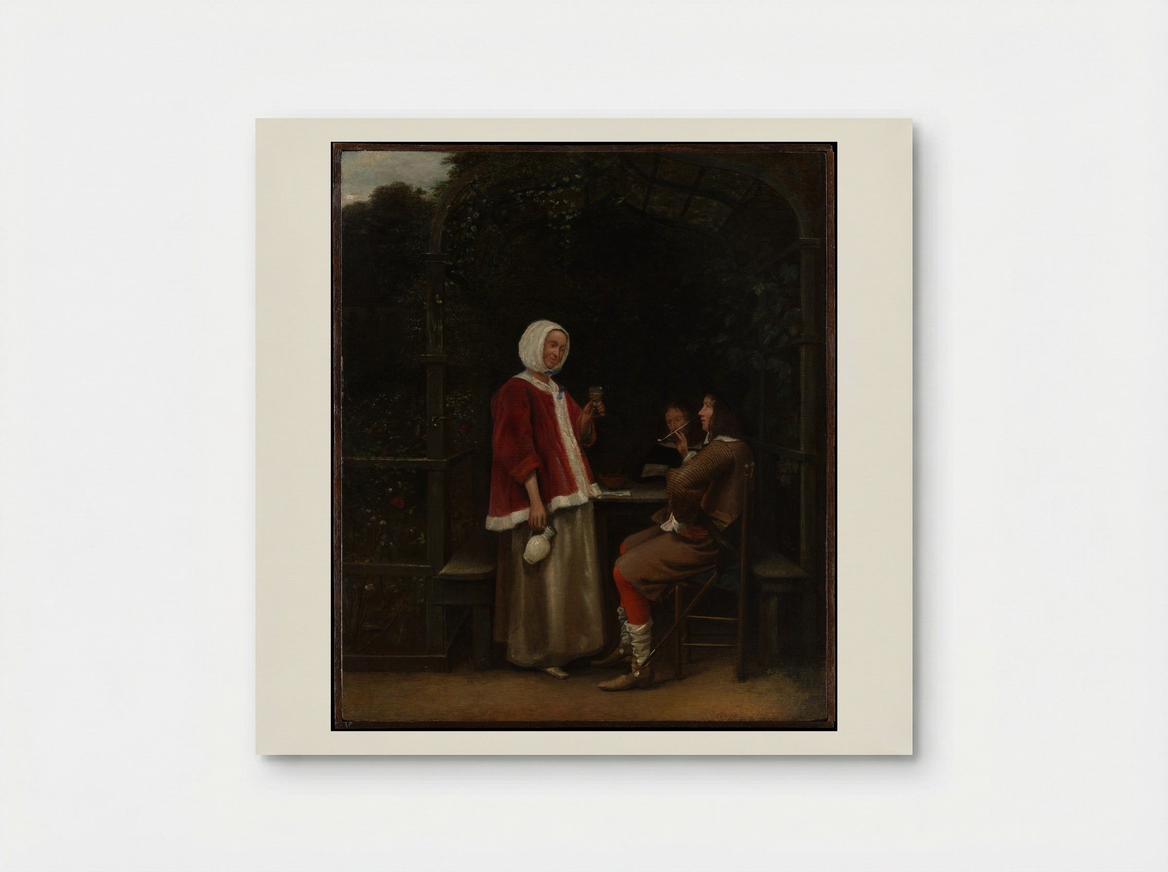 A Woman and Two Men in an Arbor - Pieter de Hooch - Poster