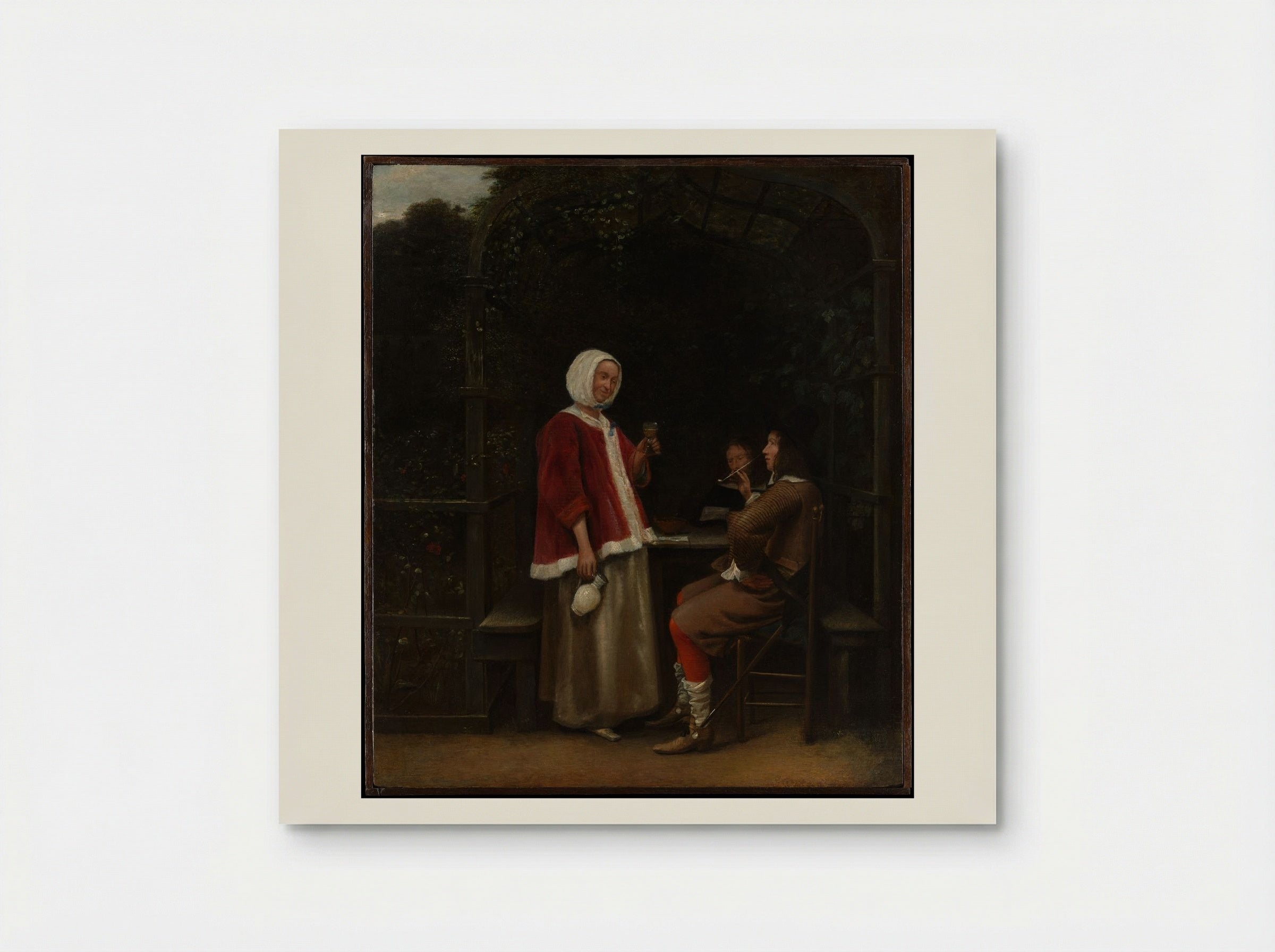 A Woman and Two Men in an Arbor - Pieter de Hooch - Poster
