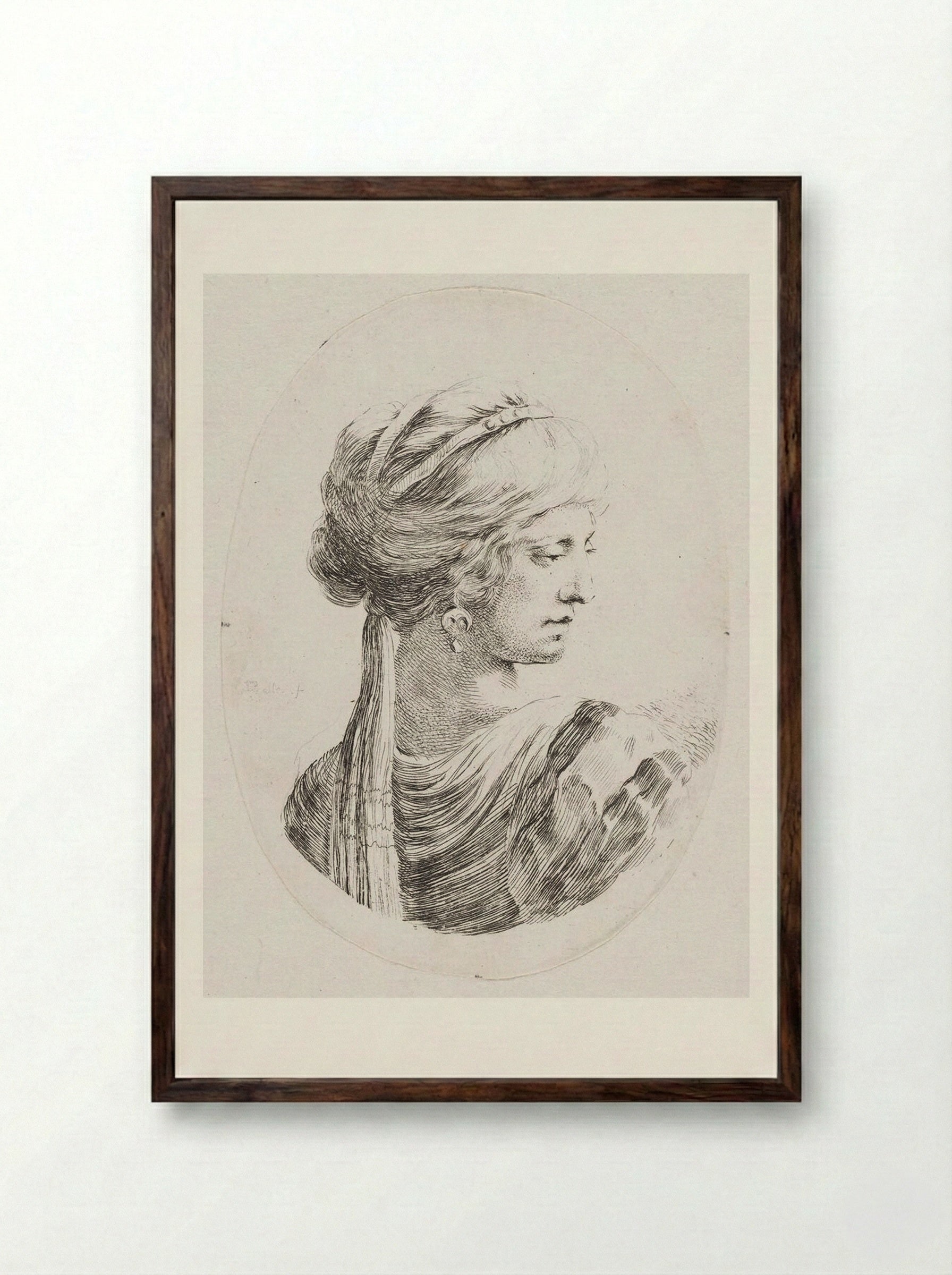 A Woman with Her Hair Bound with a Long Scarf - Stefano Della Bella - Framed Print Dark Wood