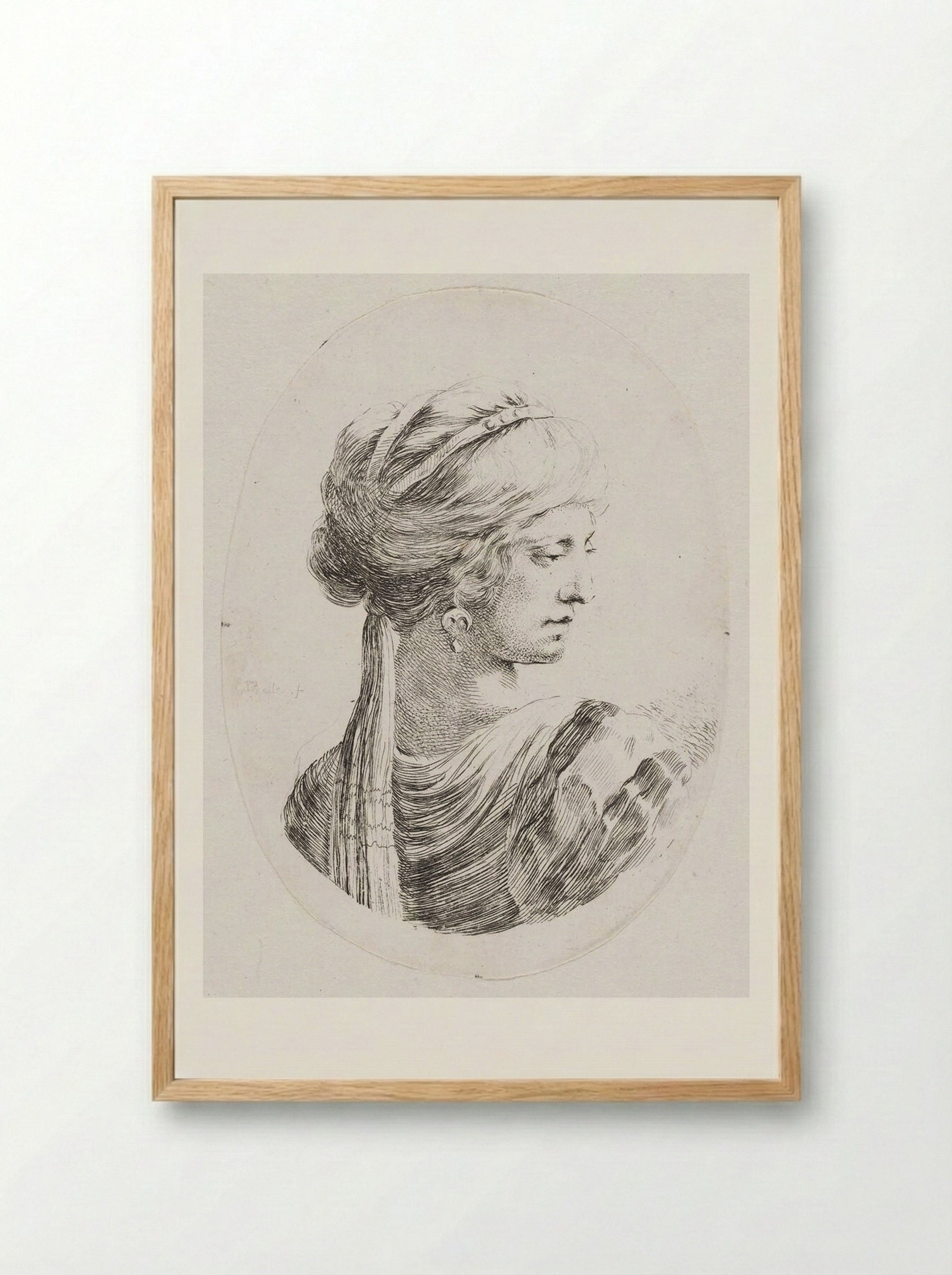 A Woman with Her Hair Bound with a Long Scarf - Stefano Della Bella - Framed Print Wood