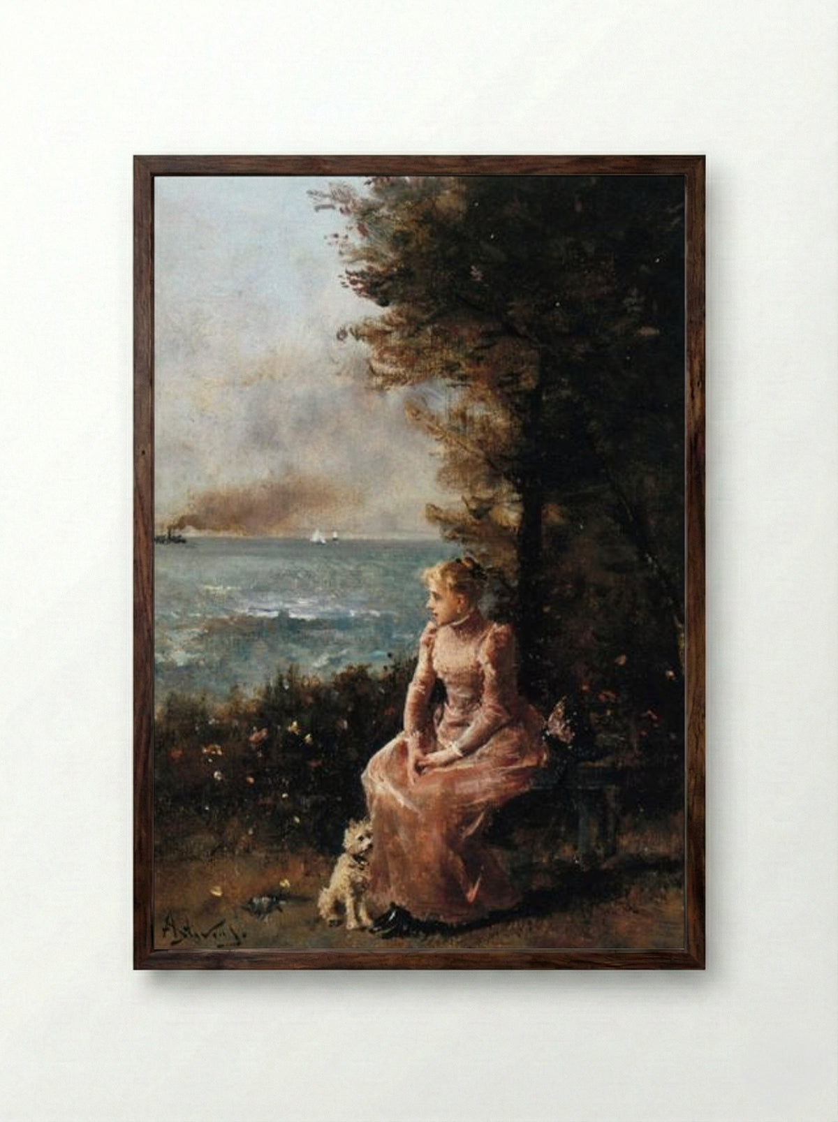 A Young Girl Seated by a Tree - Alfred Stevens - Framed Print Dark Wood