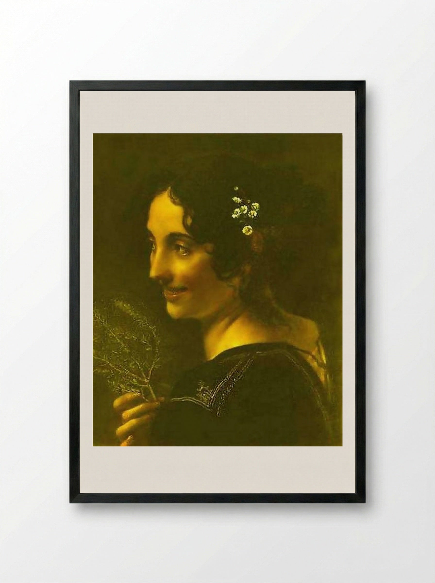 A Young Gypsy Woman with a Myrtle Branch - Orest Kiprensky - Framed Print Black