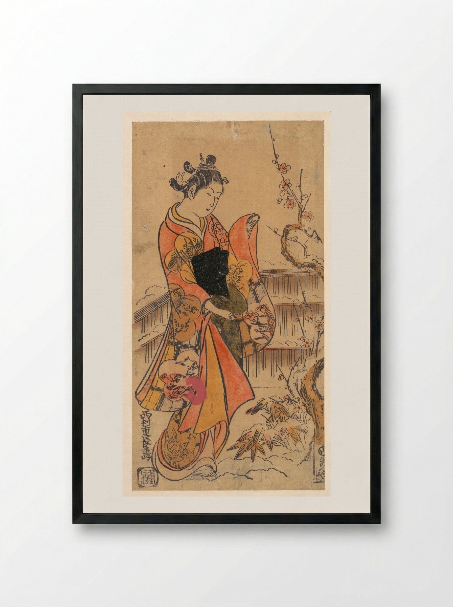 A Young Lady in a Garden - Nishimura Shigenaga - Framed Print Black