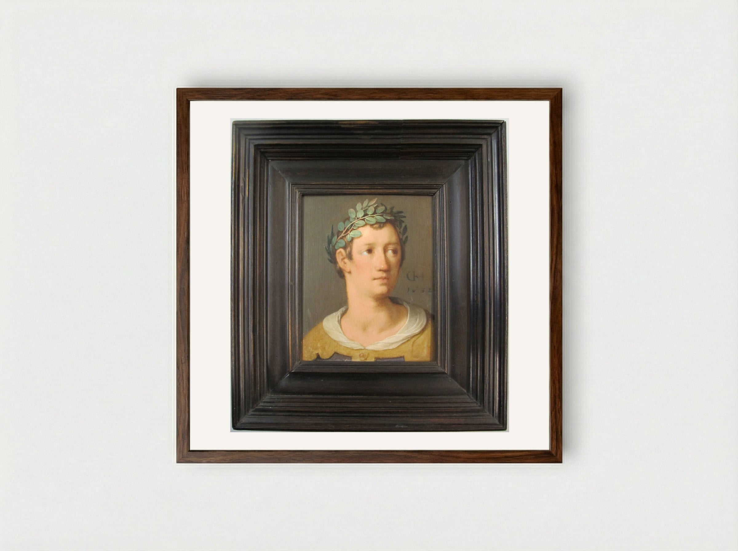 A Young Man with a Crown of Laurel Leaves - Cornelis Cornelisz. van Haarlem - Framed Print Dark Wood