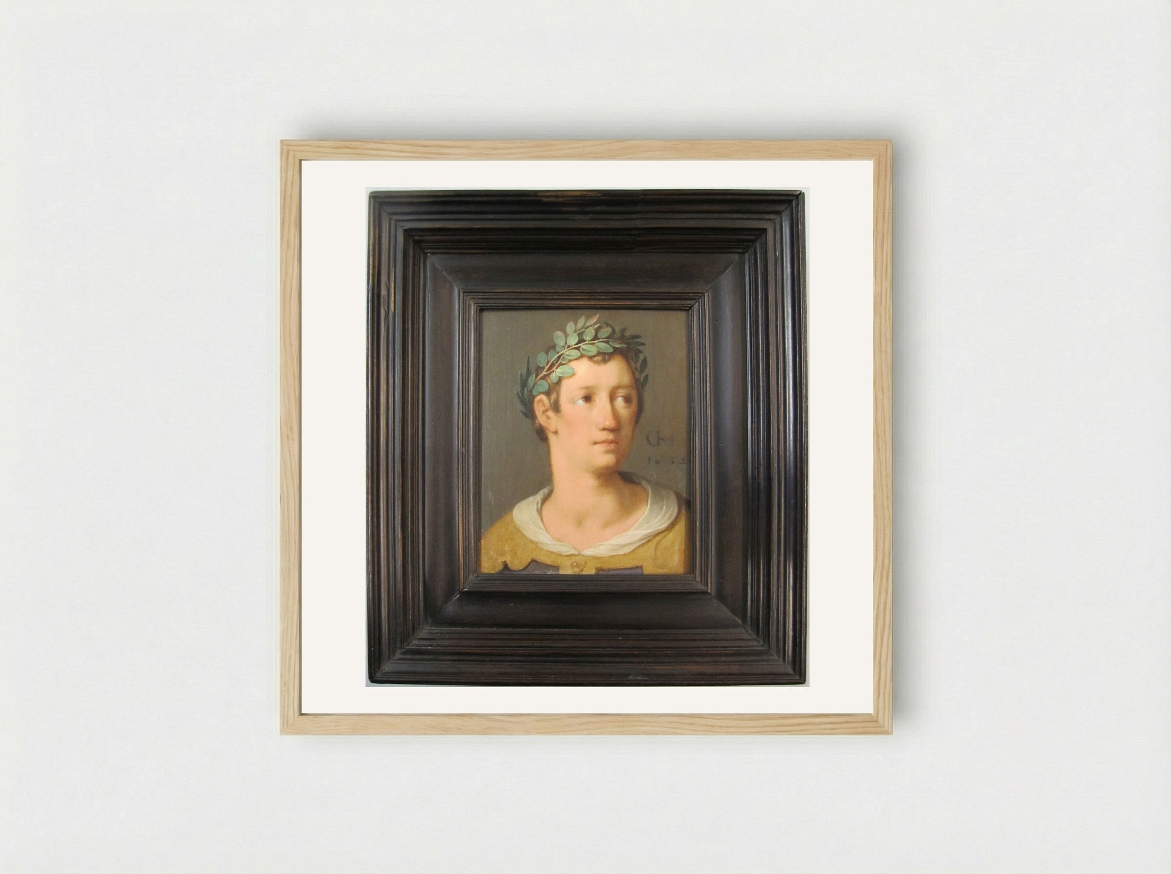 A Young Man with a Crown of Laurel Leaves - Cornelis Cornelisz. van Haarlem - Framed Print Wood