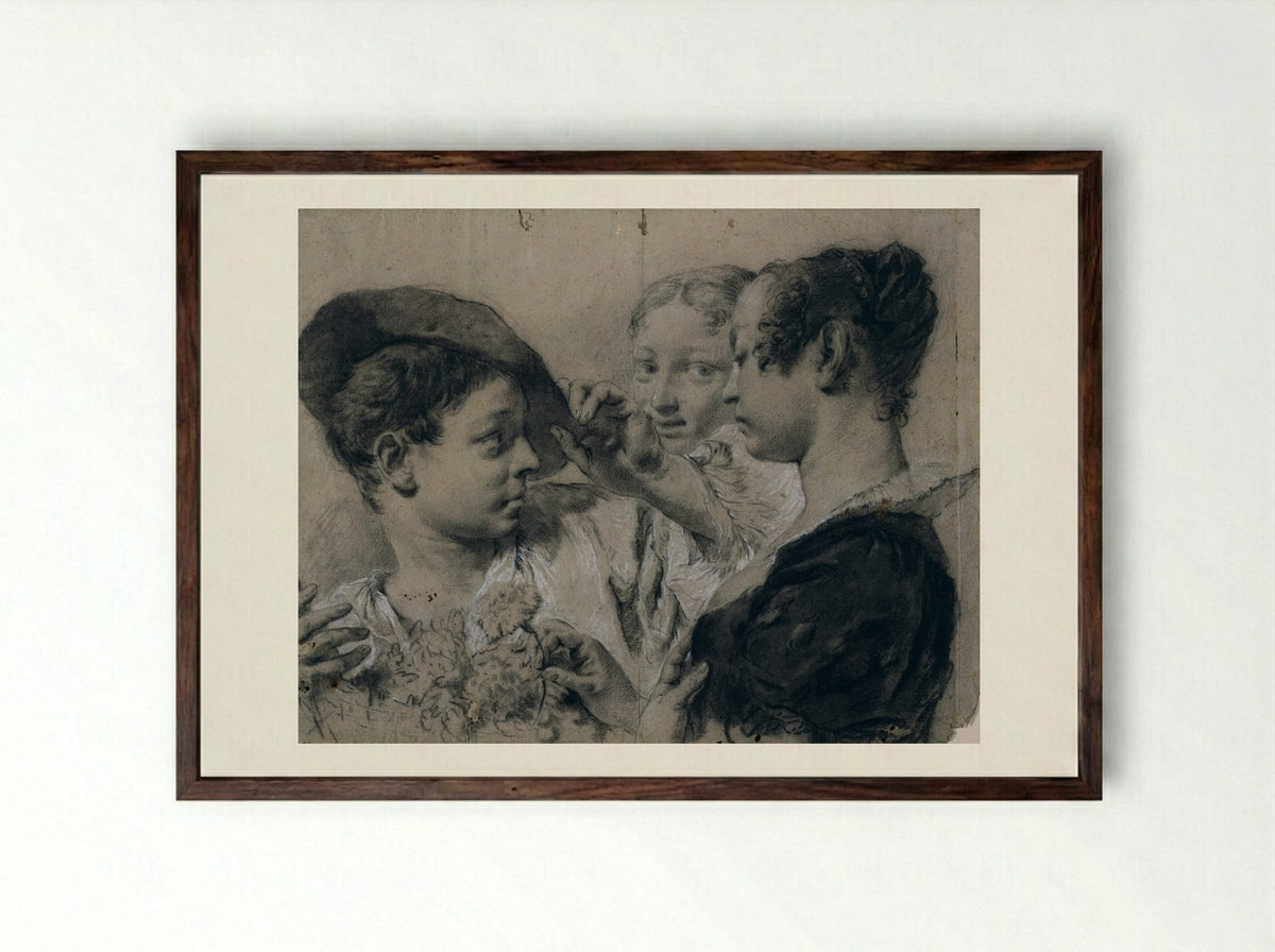 A Young Woman Buying a Pink from a Young Man - Giovanni Battista Piazzetta - Framed Print Dark Wood