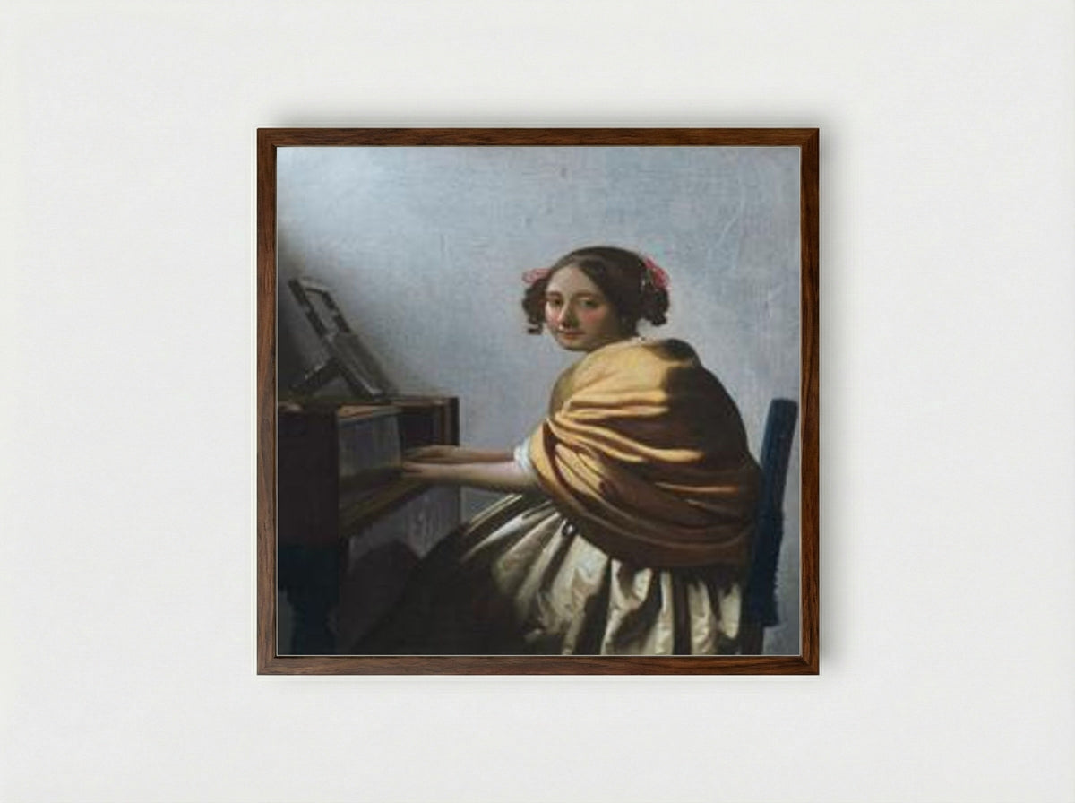 A Young Woman Seated at the Virginal - Johannes Vermeer - Framed Print Dark Wood