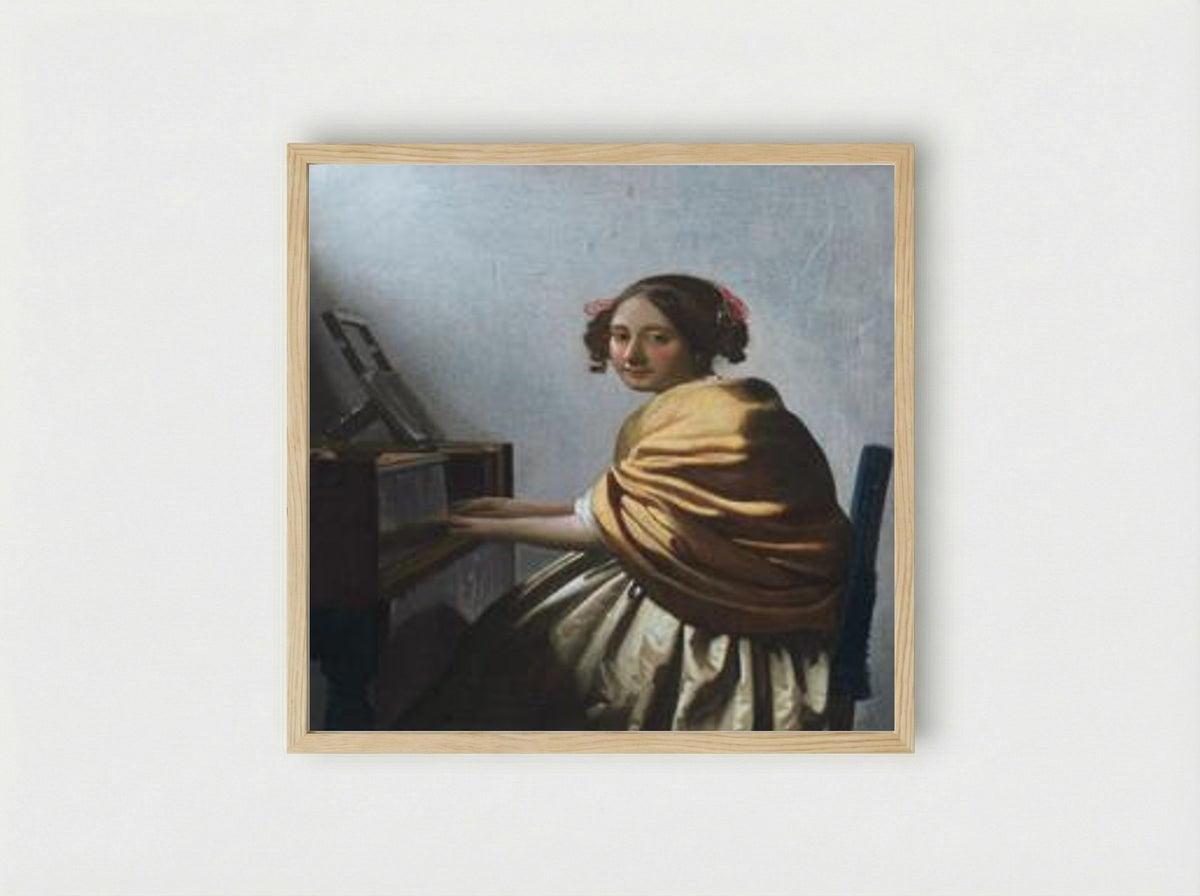 A Young Woman Seated at the Virginal - Johannes Vermeer - Framed Print Wood
