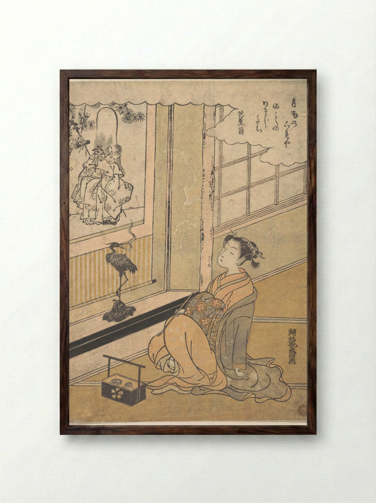 A Young Woman Seated in a Room and Looking at a Kakemono of Fukurokujin - Isoda Koryūsai - Framed Print Dark Wood