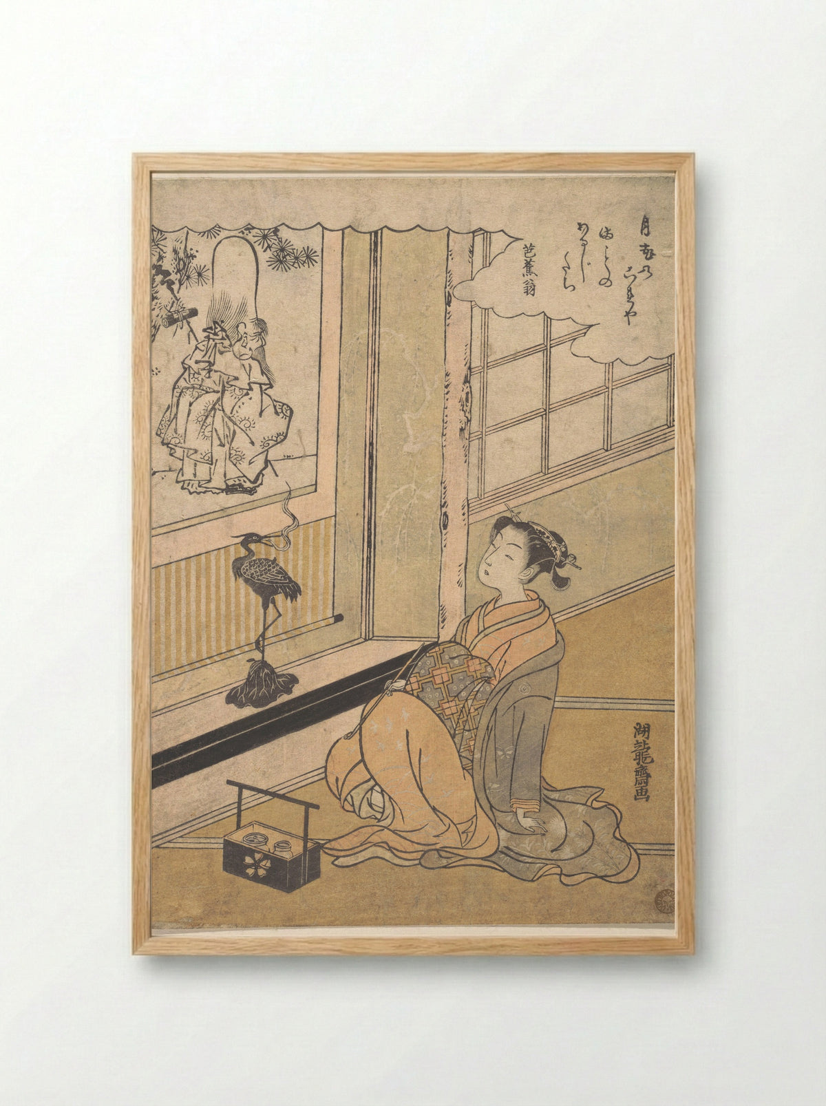 A Young Woman Seated in a Room and Looking at a Kakemono of Fukurokujin - Isoda Koryūsai - Framed Print Wood
