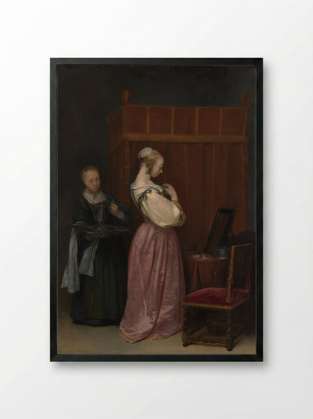 A Young Woman at Her Toilet with a Maid - Gerard ter Borch the Younger - Framed Print Black