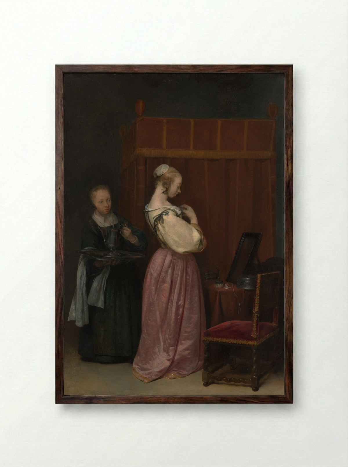 A Young Woman at Her Toilet with a Maid - Gerard ter Borch the Younger - Framed Print Dark Wood
