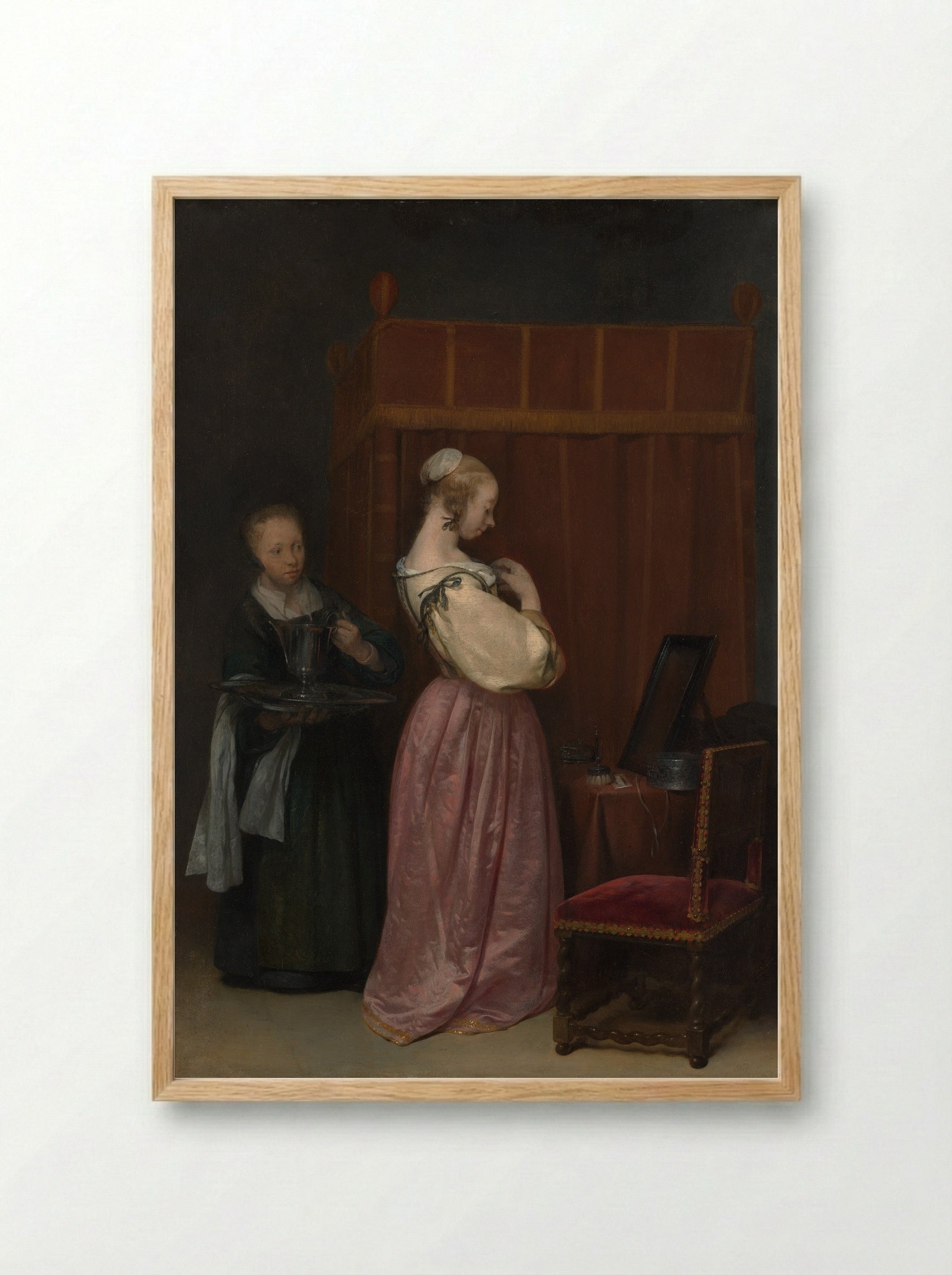 A Young Woman at Her Toilet with a Maid - Gerard ter Borch the Younger - Framed Print Wood