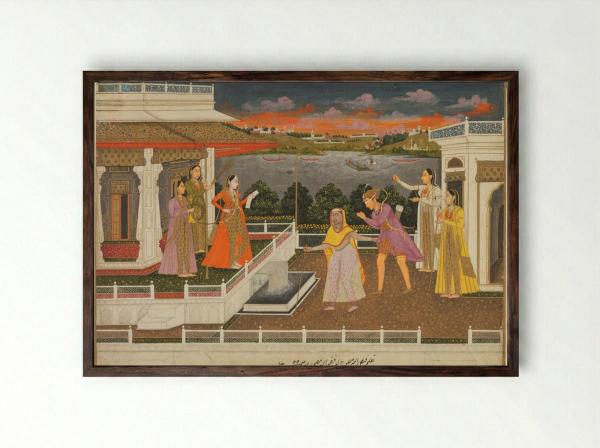 A blindfolded suitor is brought before a princess - Fayzullah - Framed Print Dark Wood