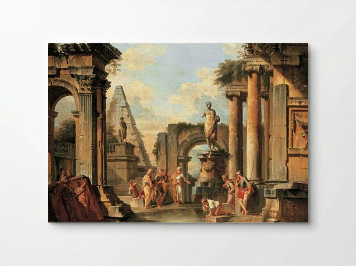 A capriccio of classical ruins with Diogenes throwing away his cup - Giovanni Paolo Panini - Poster