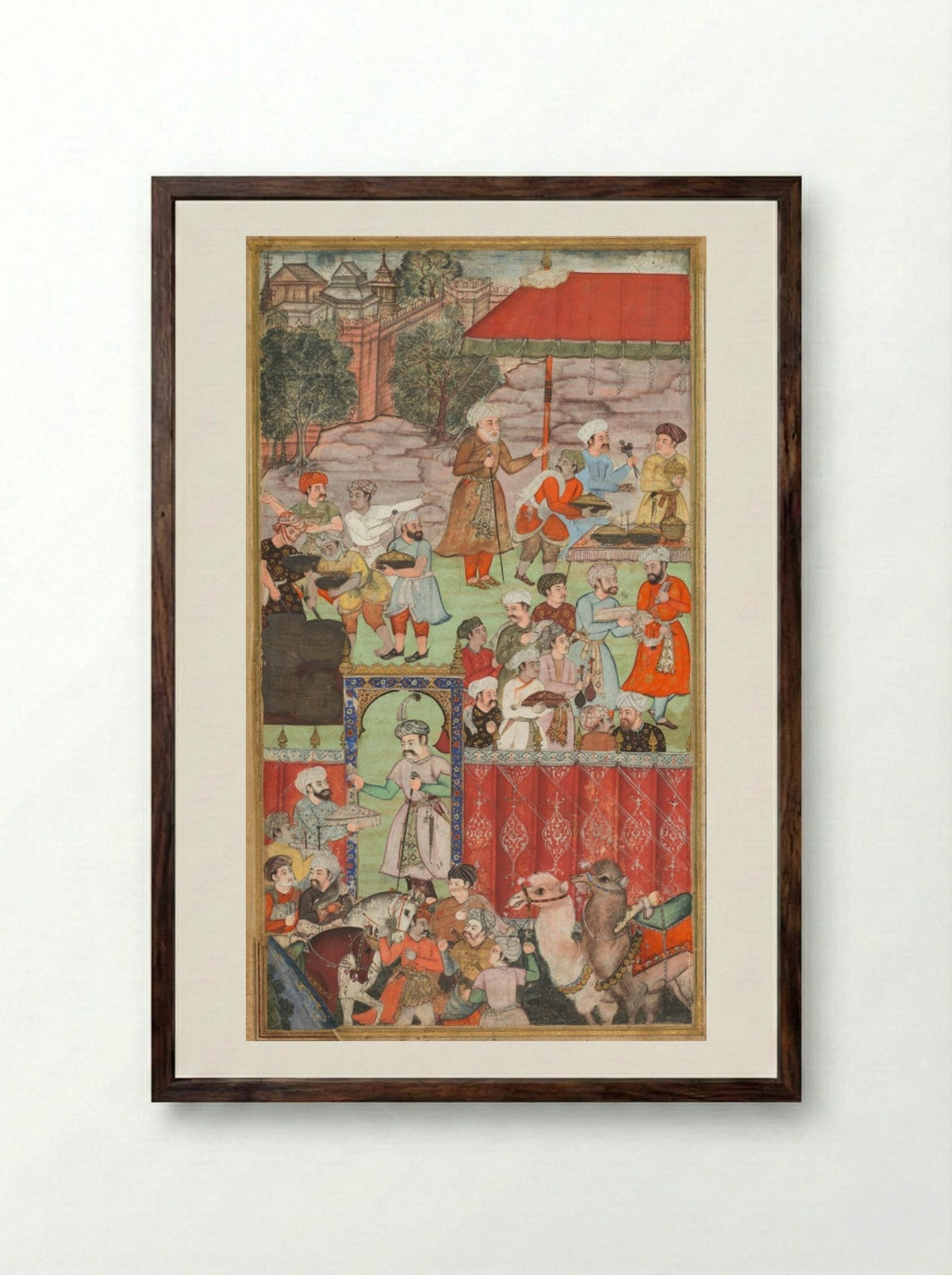 A feast for Babur hosted by his half-brother Jahangir Mirza in Ghazni in May 1505 - Basavana - Framed Print Dark Wood
