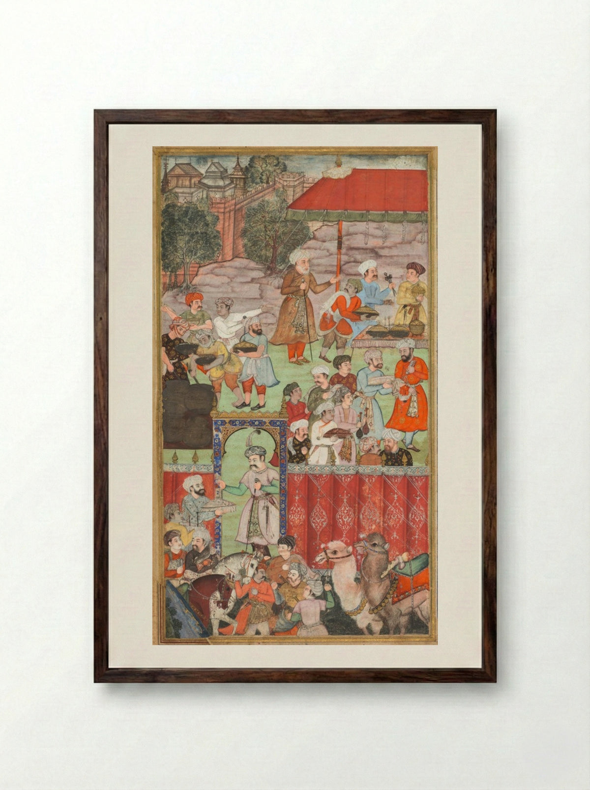 A feast for Babur hosted by his half-brother Jahangir Mirza in Ghazni in May 1505 - Basavana - Framed Print Dark Wood