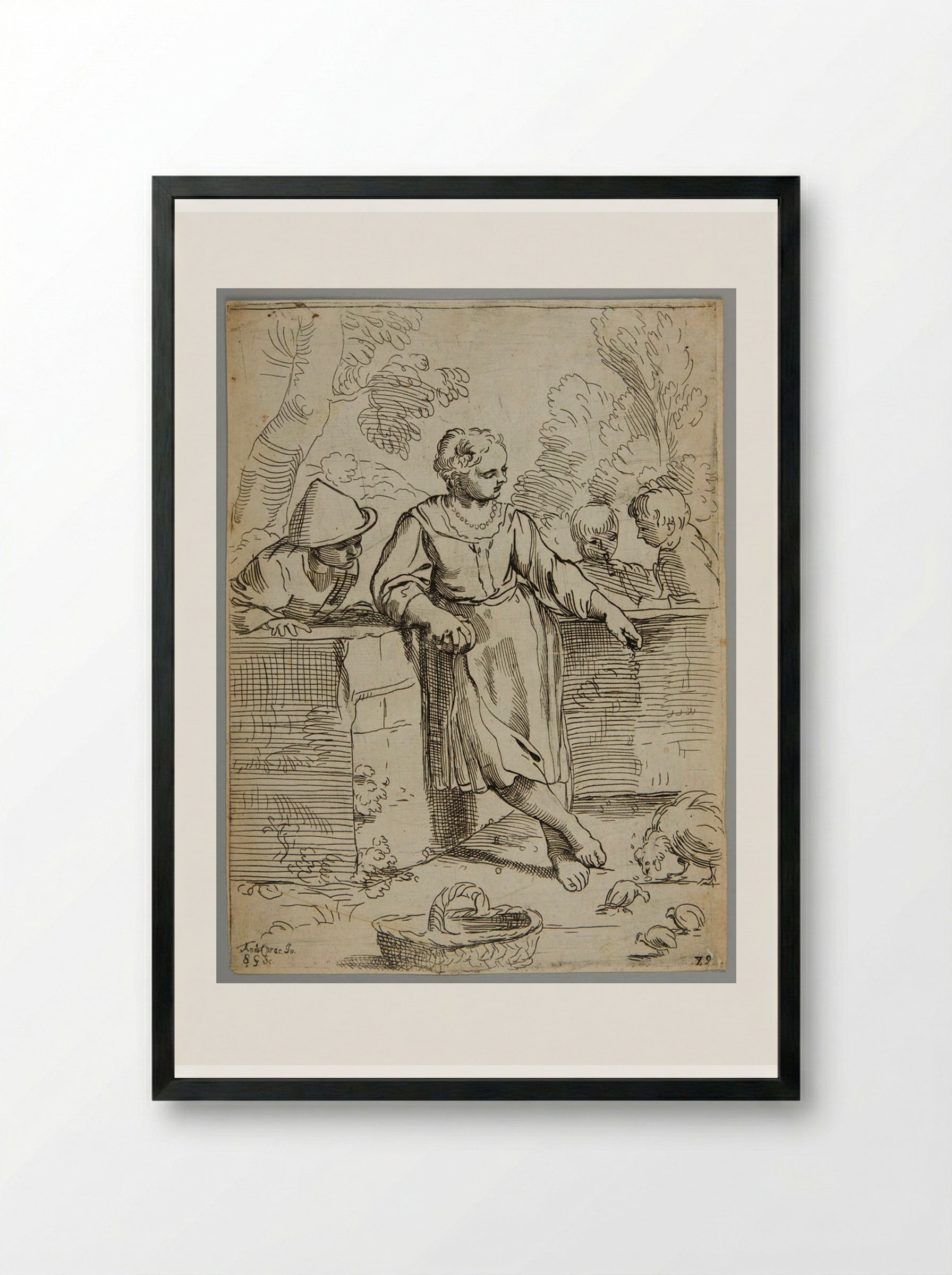 A girl who cares for chickens - Simon Guillain - Framed Print Black
