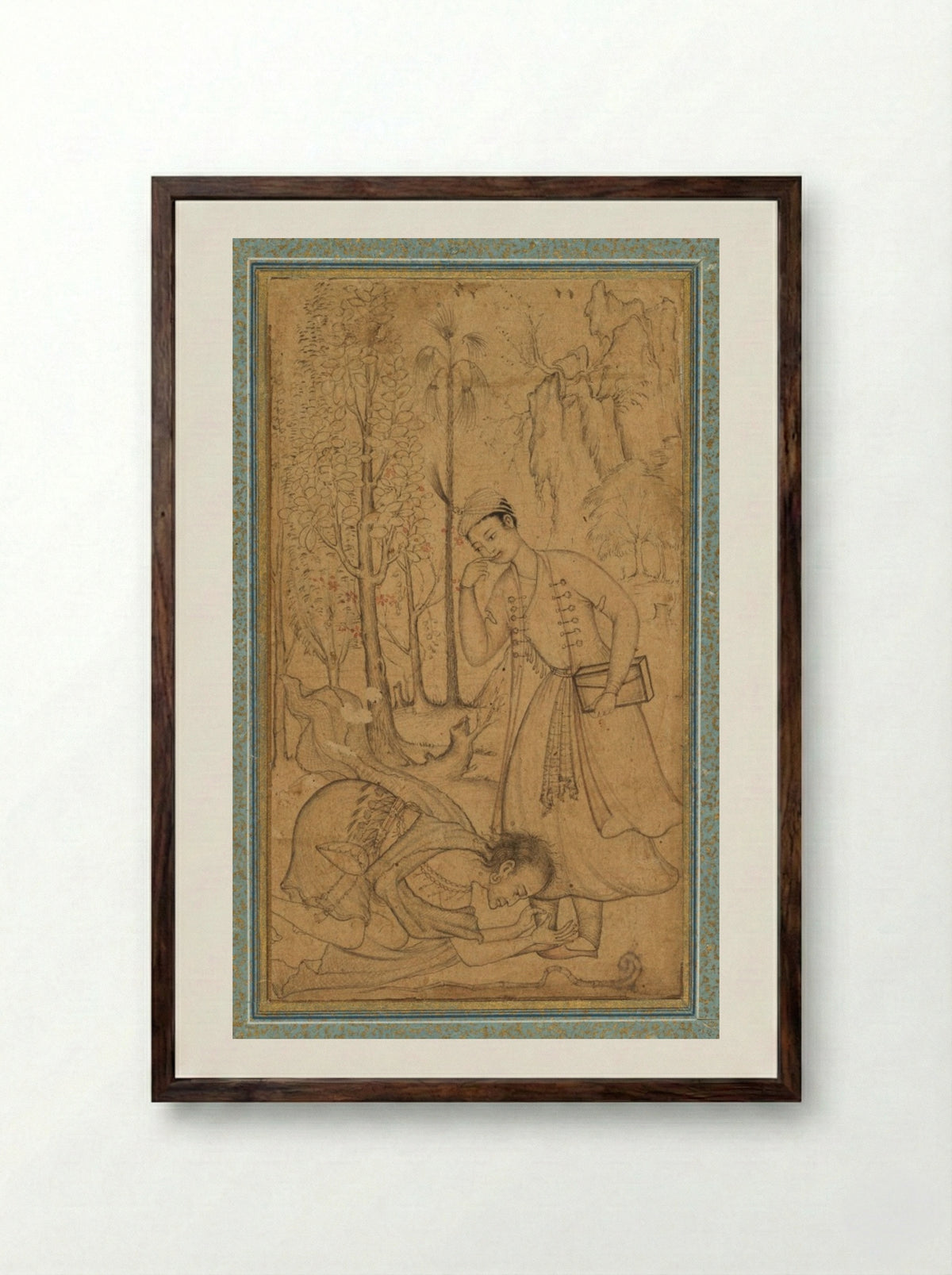 A holy man prostrating himself before a learned prince - Manohar - Framed Print Dark Wood