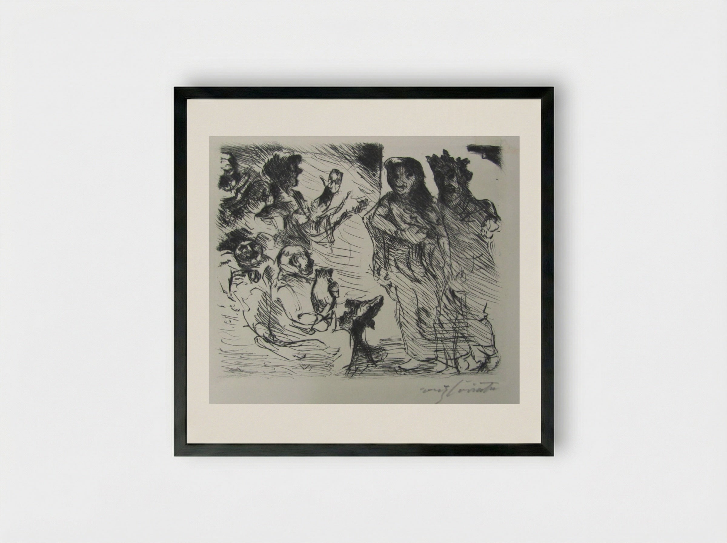 A man and a woman standing before a seated Roman with figures clapping in the background - Lovis Corinth - Framed Print Black
