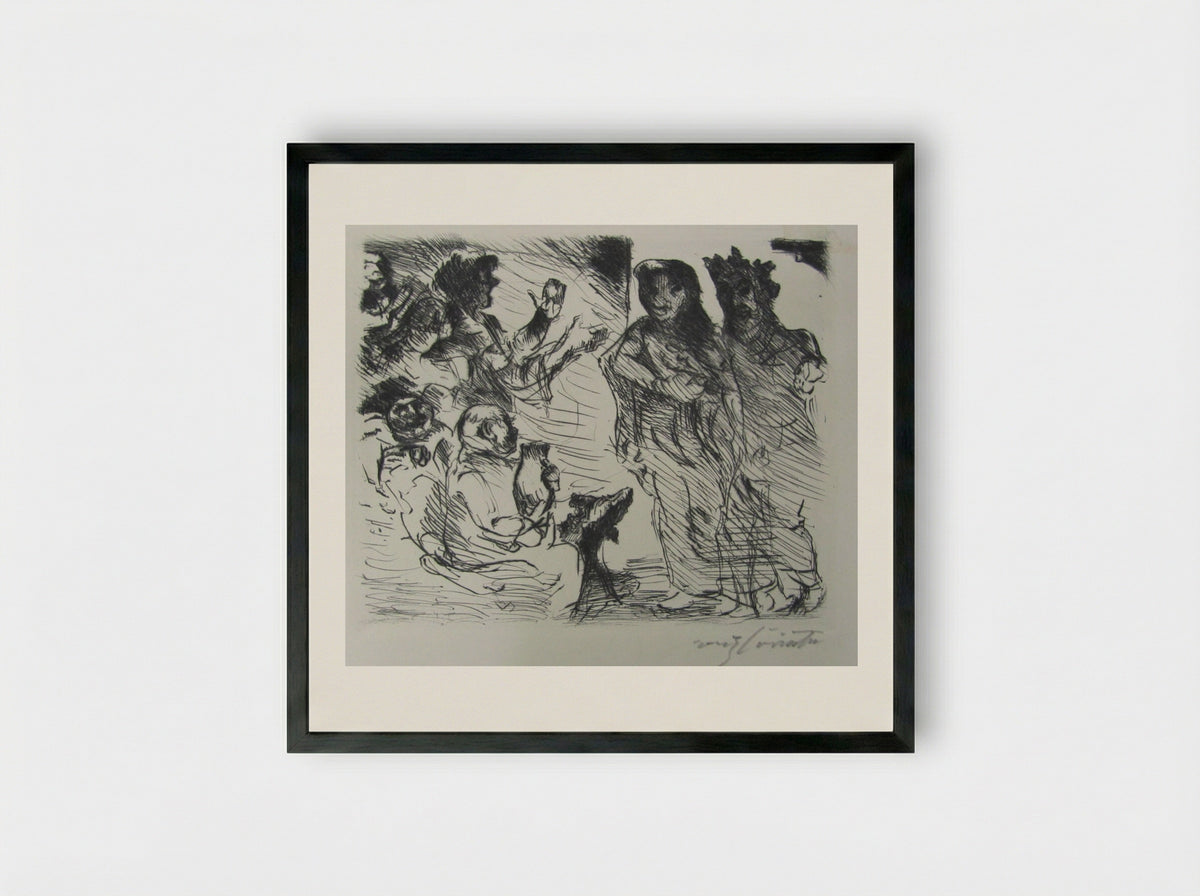 A man and a woman standing before a seated Roman with figures clapping in the background - Lovis Corinth - Framed Print Black