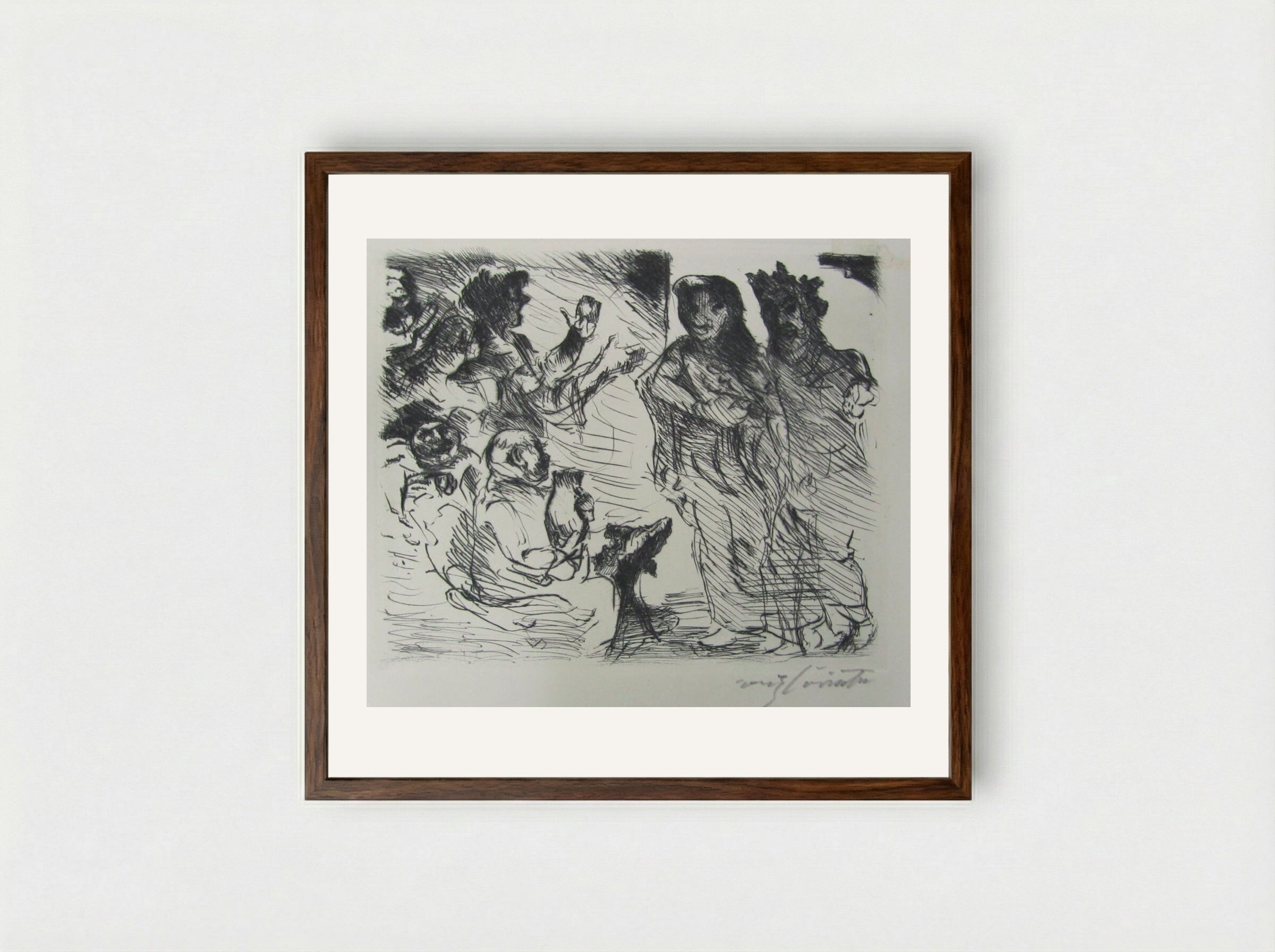 A man and a woman standing before a seated Roman with figures clapping in the background - Lovis Corinth - Framed Print Dark Wood