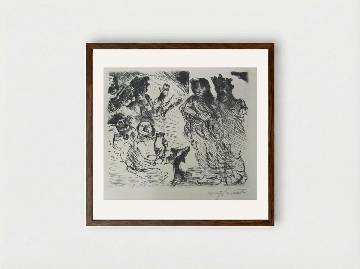 A man and a woman standing before a seated Roman with figures clapping in the background - Lovis Corinth - Framed Print Dark Wood