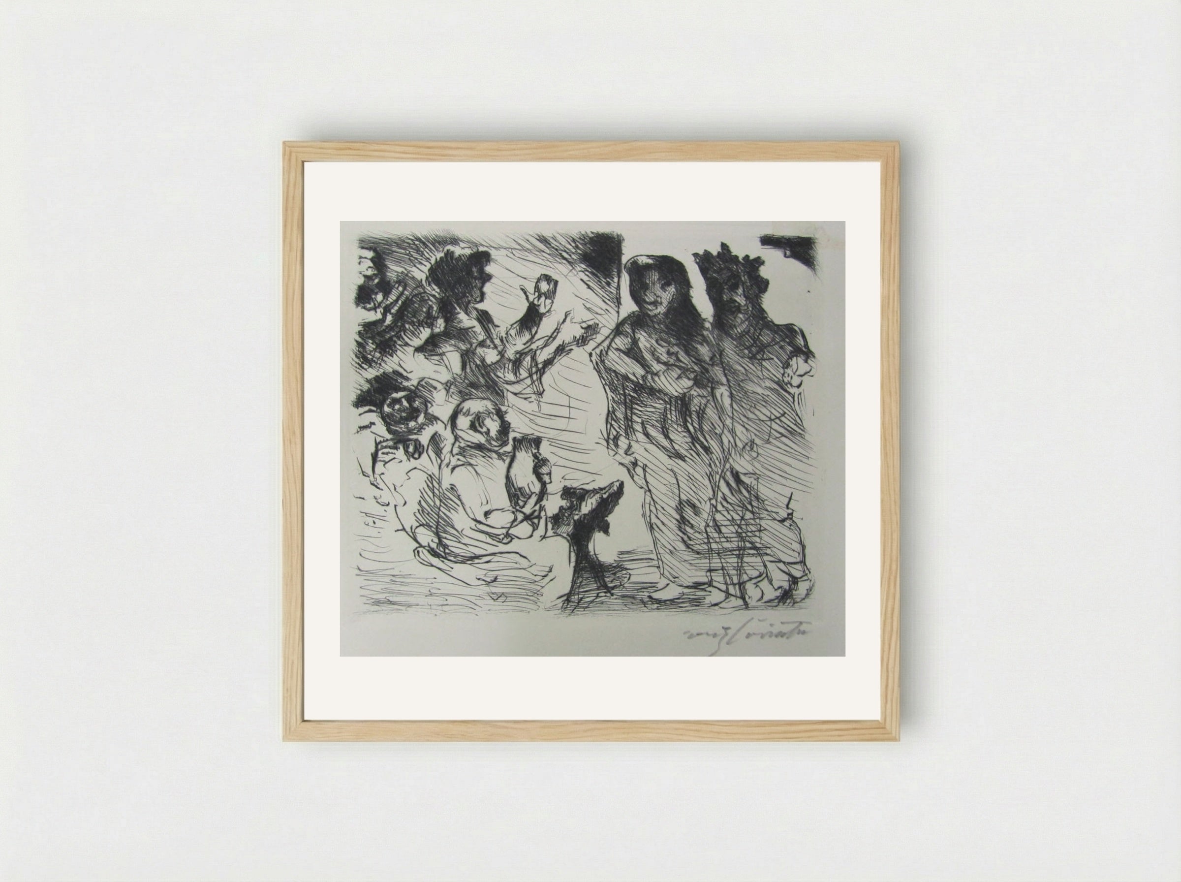 A man and a woman standing before a seated Roman with figures clapping in the background - Lovis Corinth - Framed Print Wood