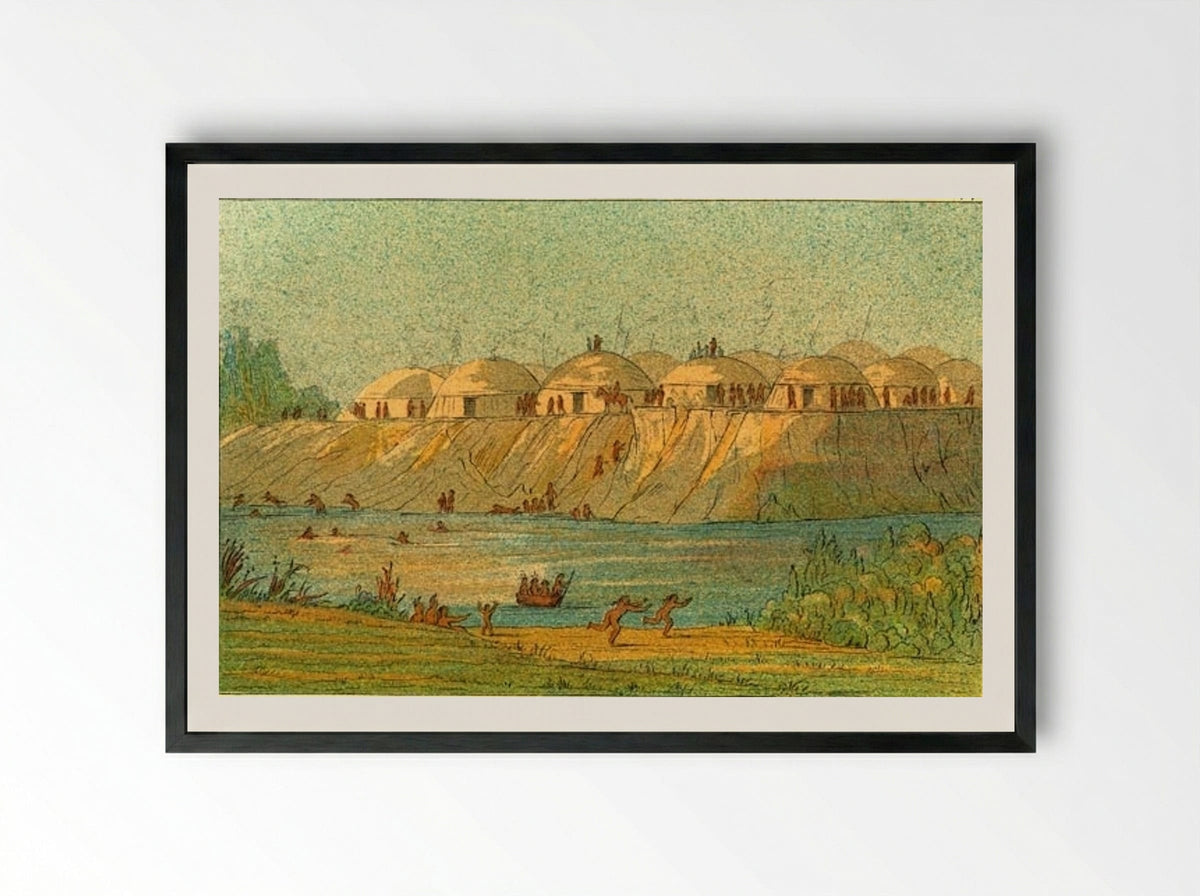 A village of the Hidatsa tribe at Knife River - George Catlin - Framed Print Black