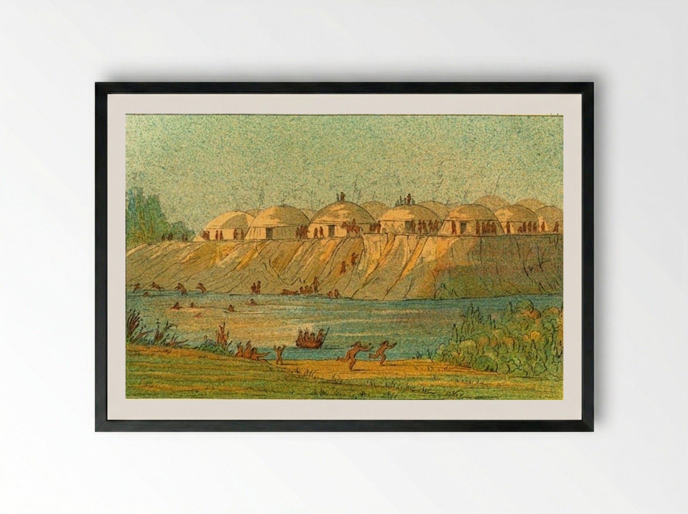 A village of the Hidatsa tribe at Knife River - George Catlin - Framed Print Black