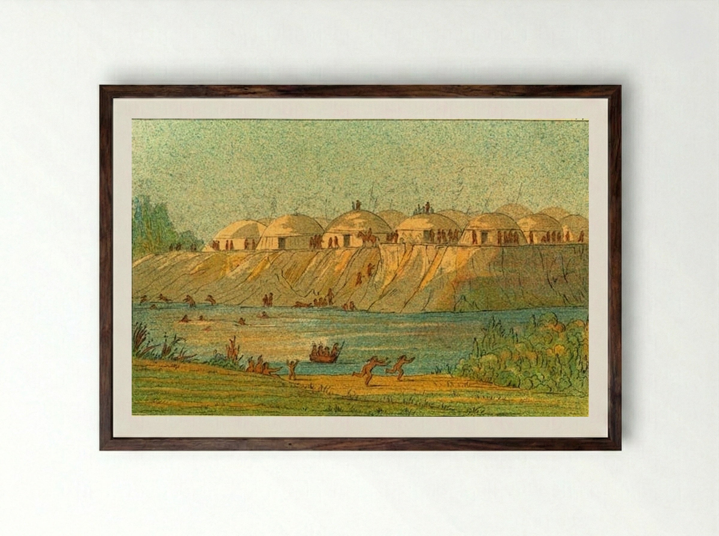A village of the Hidatsa tribe at Knife River - George Catlin - Framed Print Dark Wood