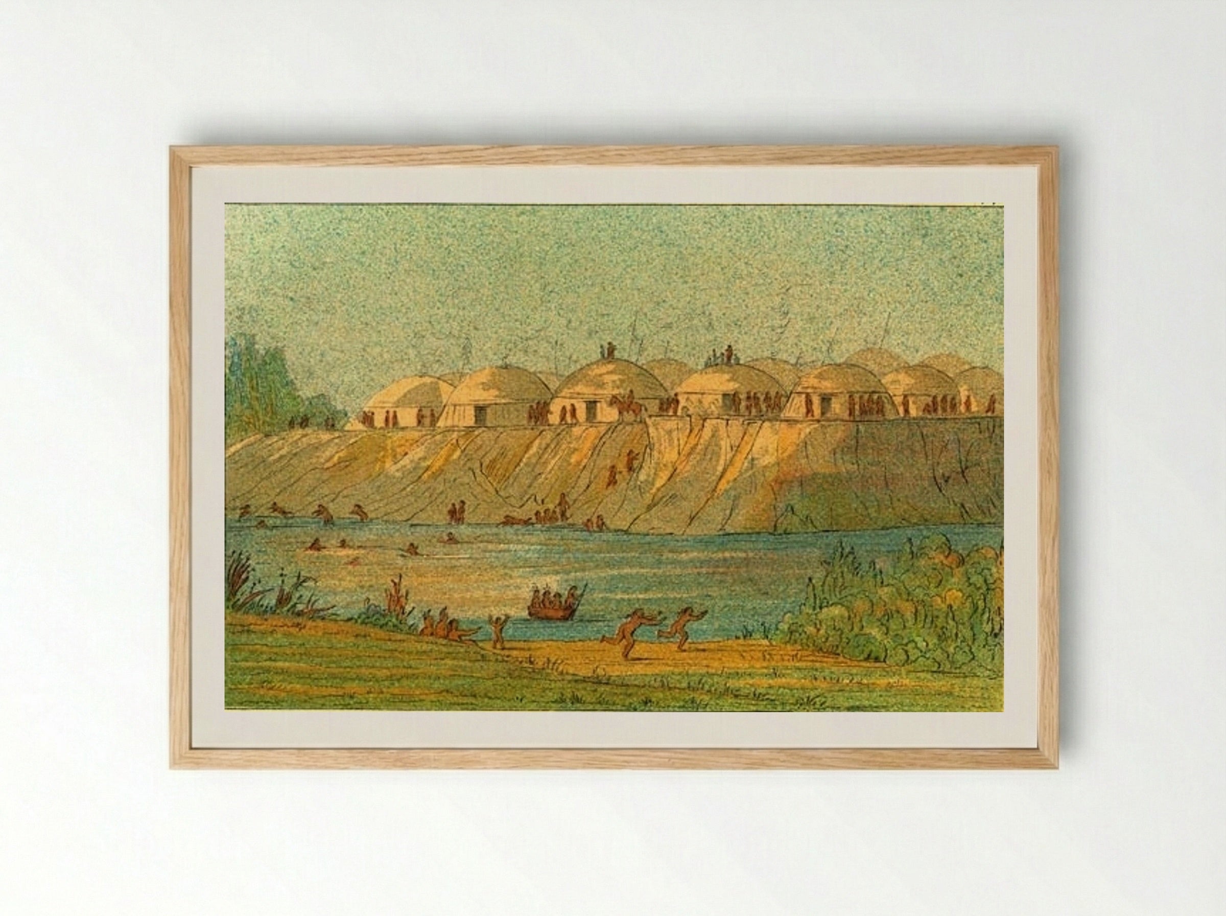 A village of the Hidatsa tribe at Knife River - George Catlin - Framed Print Wood