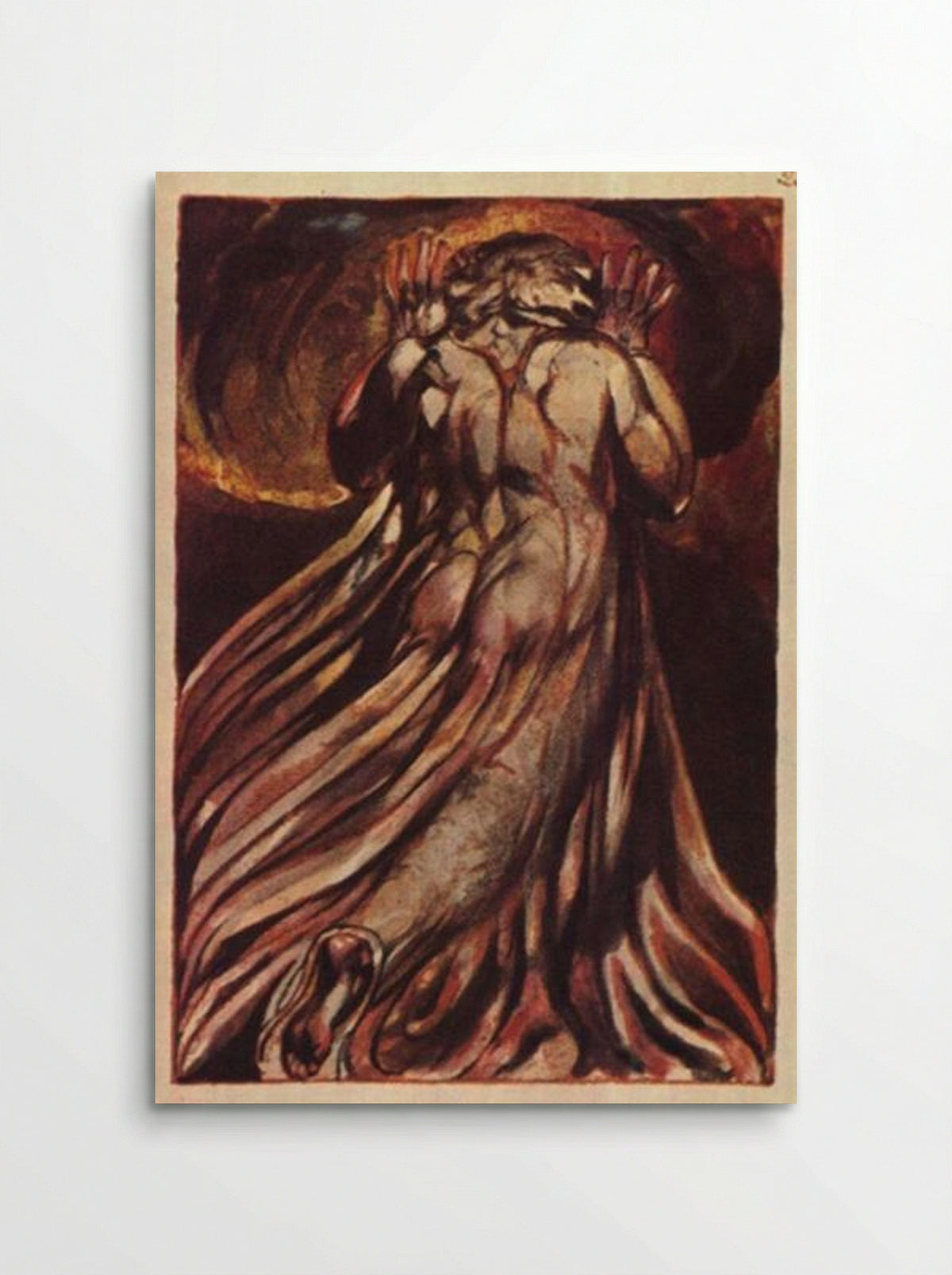 A white haired man in a long, pale robe who flees from us with his hands raised - William Blake - Poster