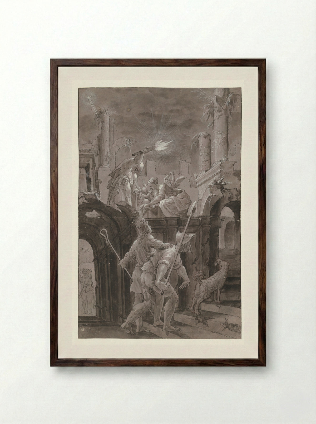 Aanbidding door de herders - Meester van de Liechtensteinse Aanbidding - Framed Print Dark Wood