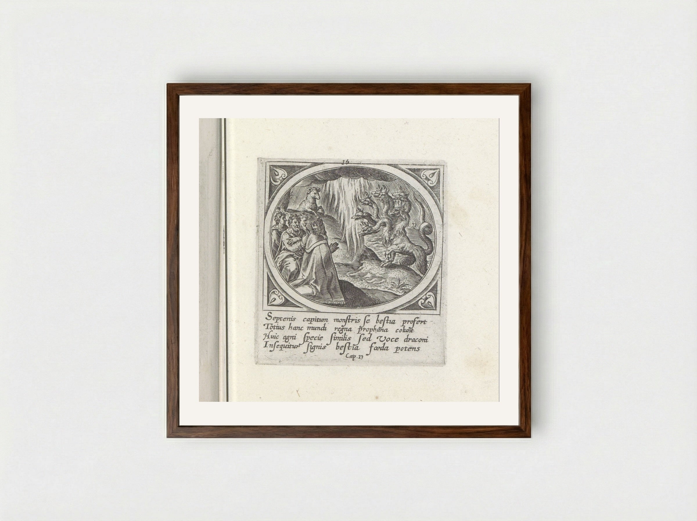 Aanbidding van het zevenkoppige beest - Gerard de Jode - Framed Print Dark Wood