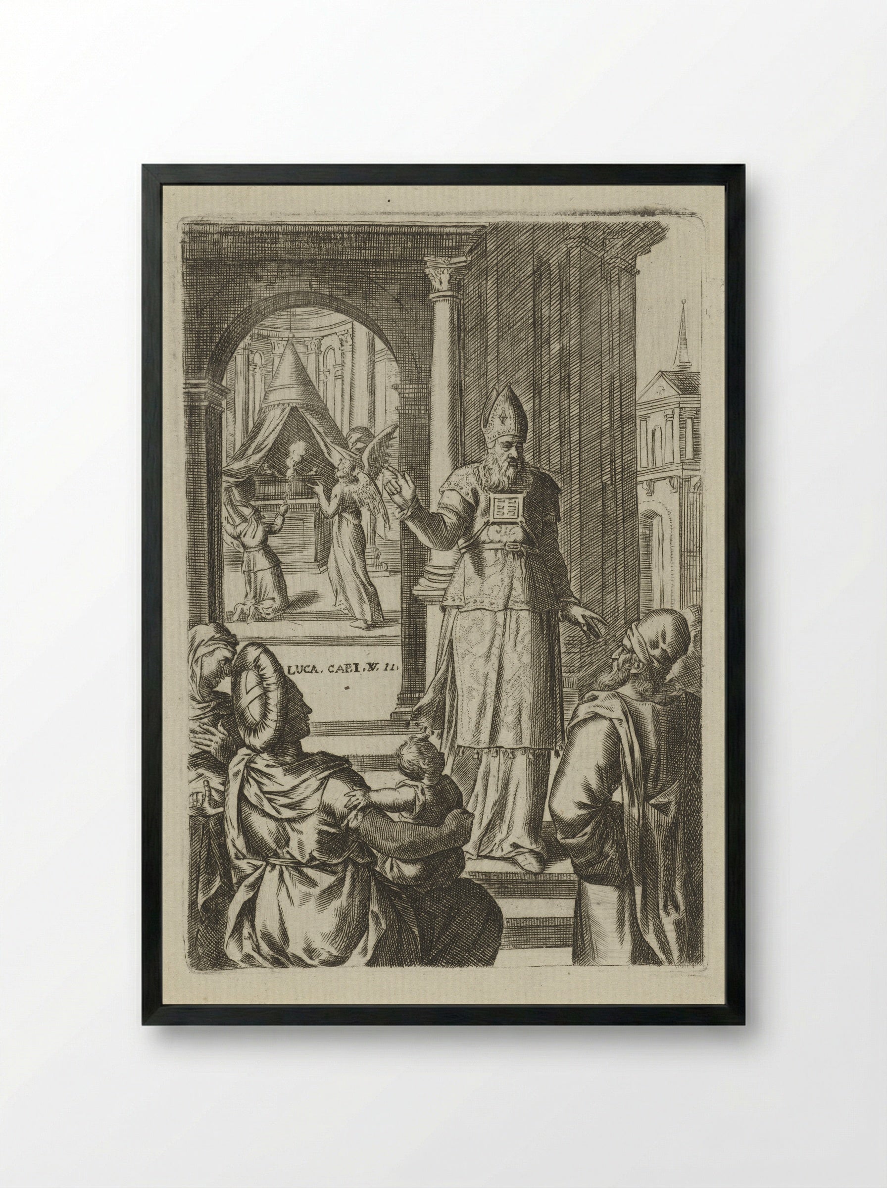 Aankondiging van de geboorte van Johannes - Abraham de Bruyn - Framed Print Black