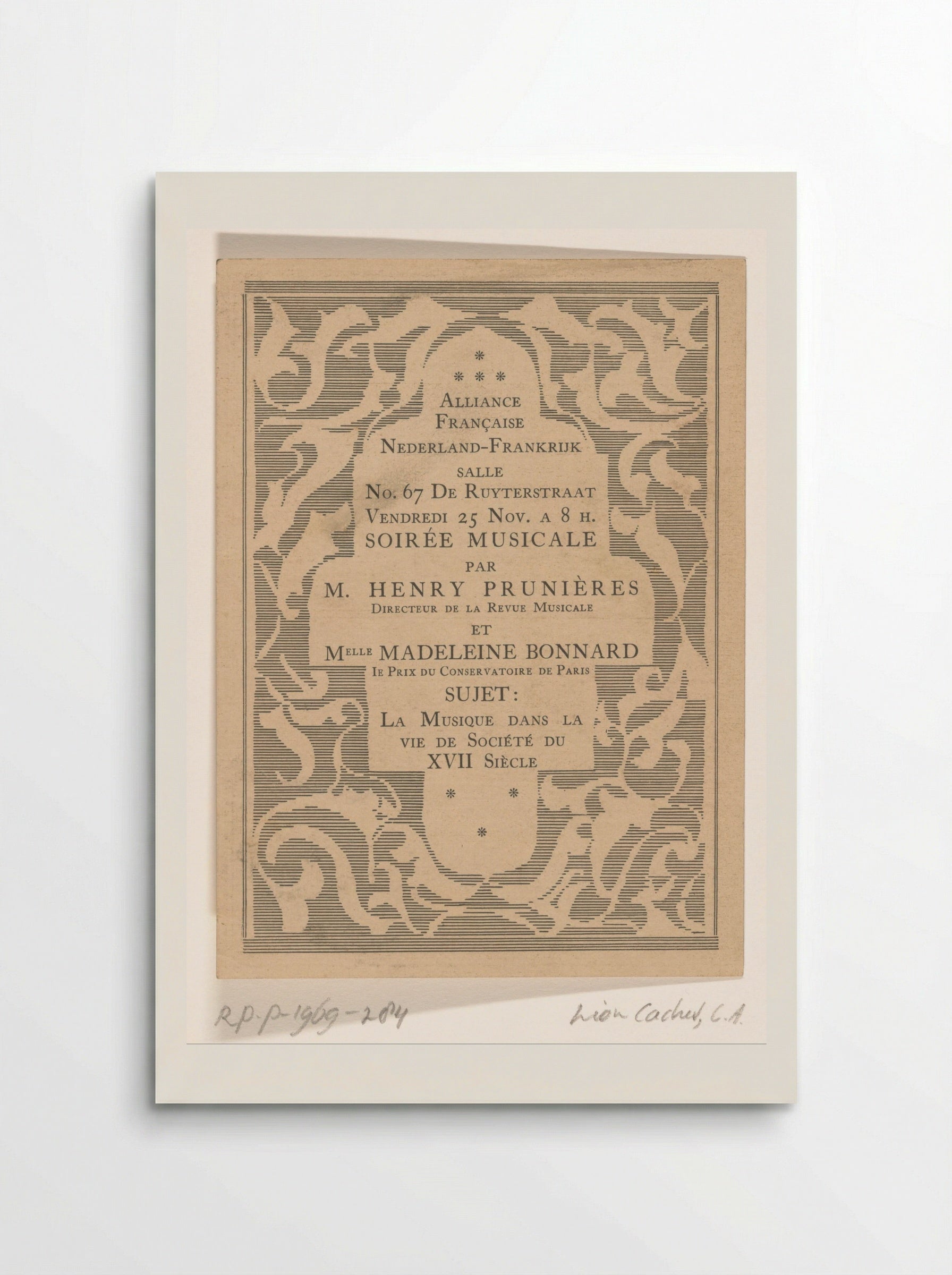 Aankondiging voor muziekavond van de Alliance Française - Carel Adolph Lion Cachet - Poster