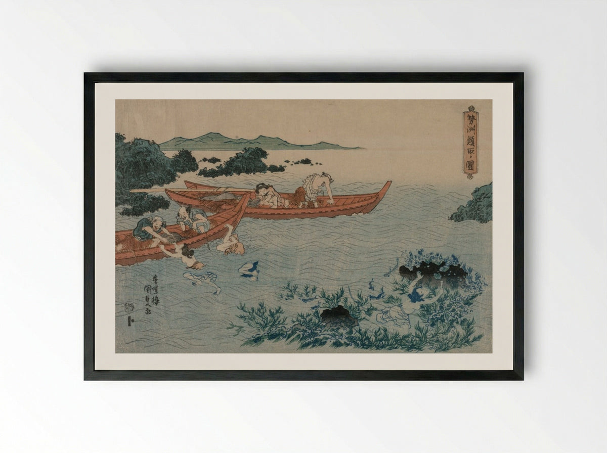 Abalone Divers off the Coast of Ise - Utagawa Kunisada - Framed Print Black